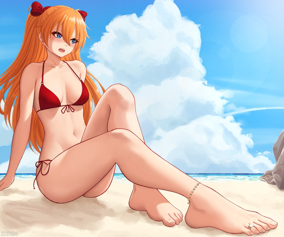 asuka langley sohryu, beach, bikini, blush, feet, female, female only, long hair, neon genesis evangelion, side-tie bikini, solo, swimsuit, zaphn