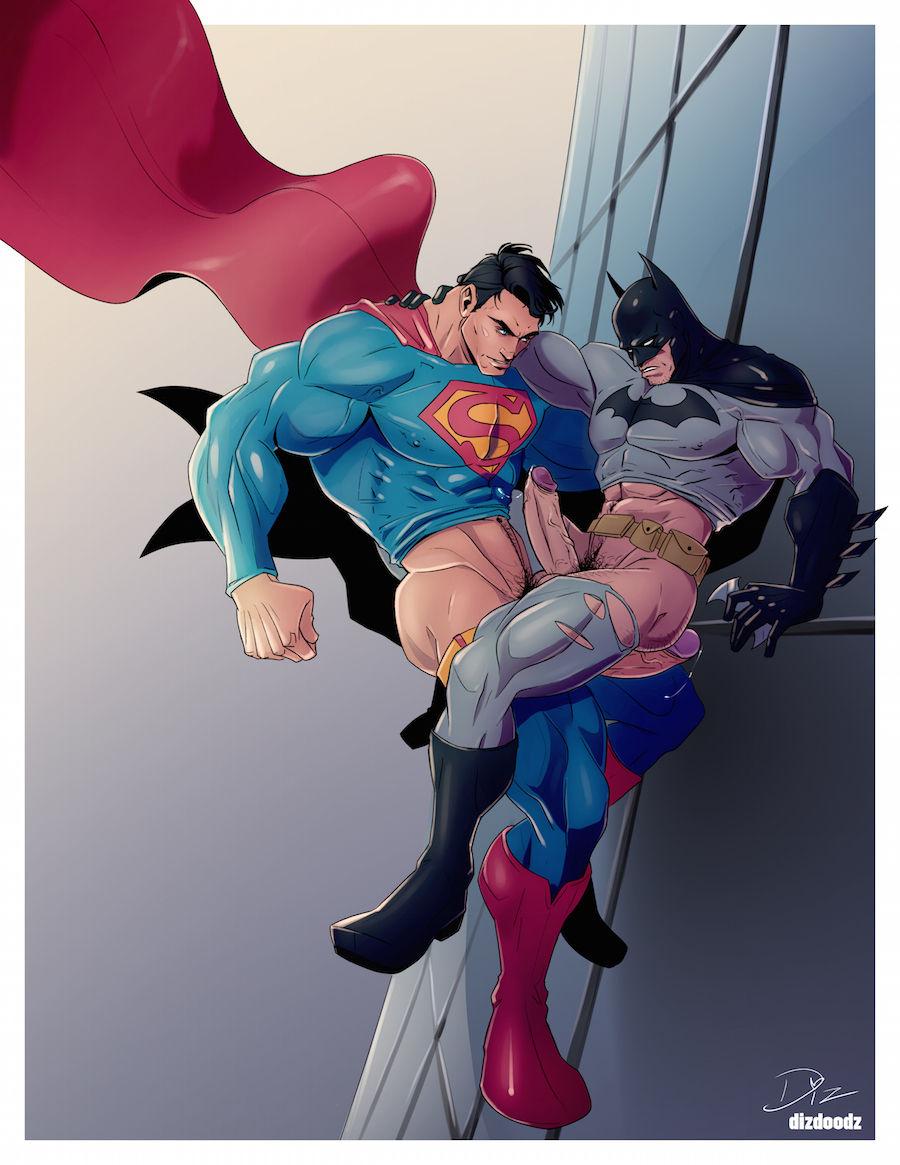 2boys, abs, batman, batman (bruce wayne), batman (series), biceps, black hair, blue eyes, bruce wayne, clark kent, clothed, clothed sex, dc, dc comics, dizdoodz, erect nipples under clothes, erection, exposed, foreskin, fully retracted foreskin, huge cock, human, imminent sex, kal-el, kryptonian, legs held open, looking at penis, male, male only, male/male, muscular, outside, pants down, pecs, penis, penis size difference, precum drip, retracted foreskin, ripped bodysuit, shirt up, sitting on penis, superman, superman (clark kent), superman (series), thick thighs, uncircumcised, uncut, utility belt, veiny penis, yaoi