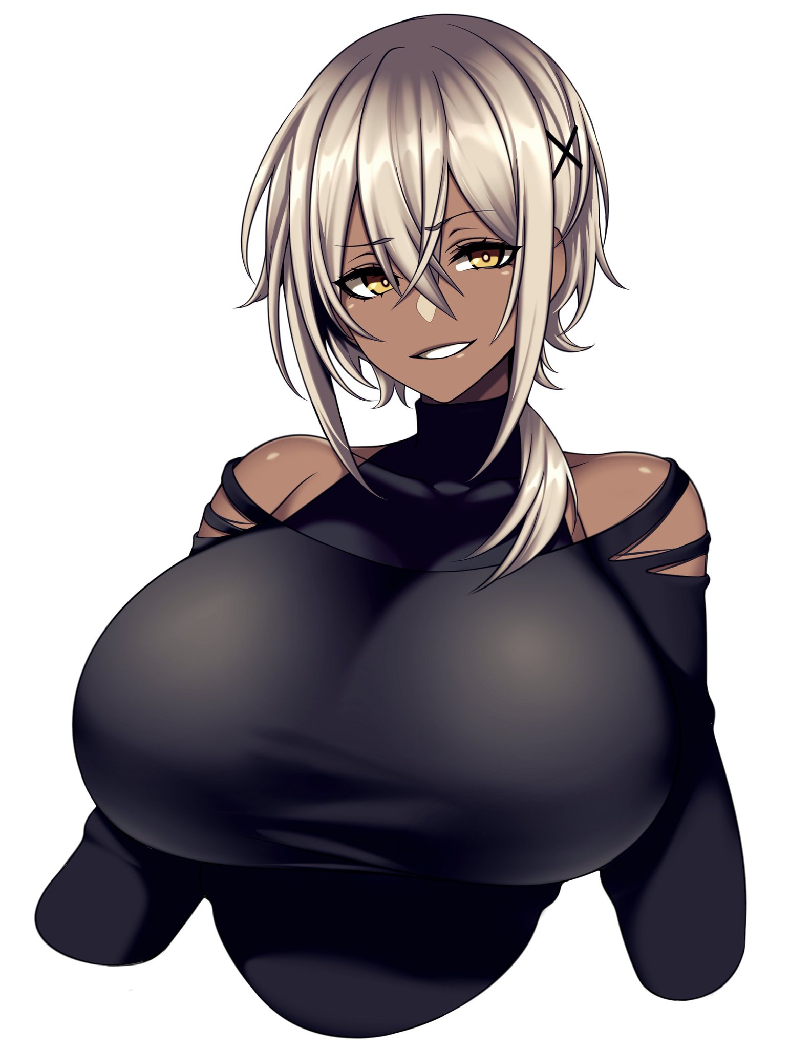 1girls, bare shoulders, black hair, breasts, camui kamui (hz 666v), clothed, clothing, cute, dark skin, dark-skinned female, exposed shoulders, female, female only, goth, goth girl, gothic, huge breasts, original, short hair, smile, solo, top heavy, voluptuous, white background, yellow eyes