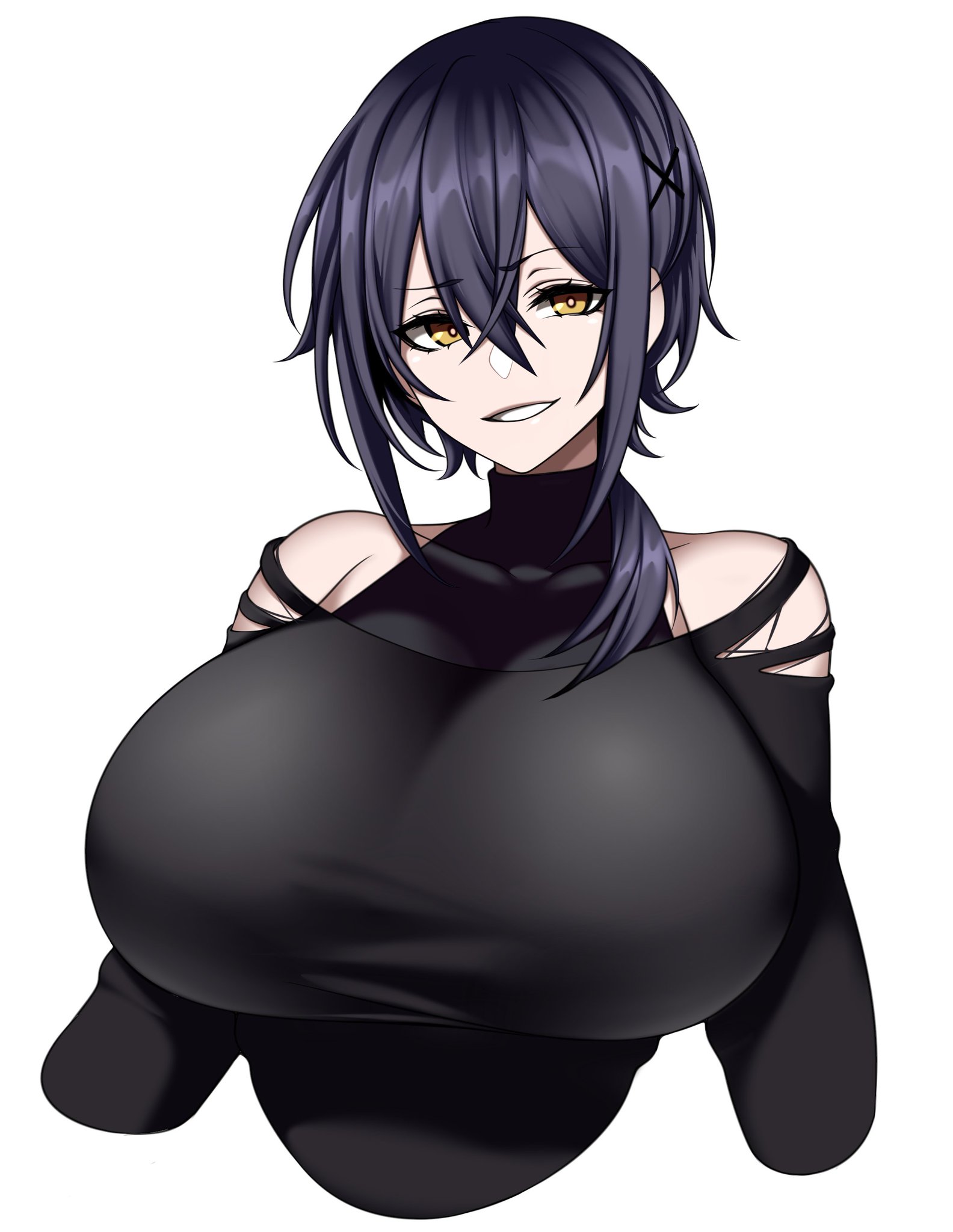 1girls, bare shoulders, black hair, breasts, camui kamui (hz 666v), clothed, clothing, cute, dark skin, dark-skinned female, exposed shoulders, female, female only, goth, goth girl, gothic, huge breasts, original, short hair, smile, solo, top heavy, voluptuous, white background, yellow eyes