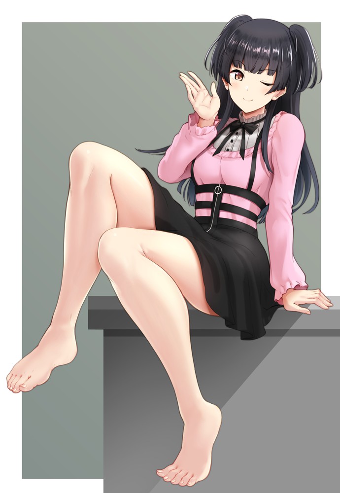 ;), black hair, feet, female, female only, idolmaster, legs, looking at viewer, mayuzumi fuyuko, skirt, smile, solo, the idolm@ster shiny colors, toes