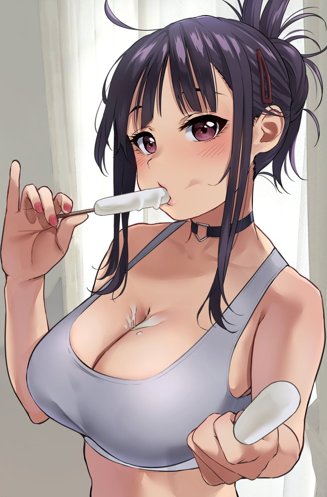 big breasts, black hair, breasts, elder cousin (igarashi kyouhei), female, female only, ice cream, ice cream on breasts, igarashi kyouhei, licking, looking at viewer, original, solo