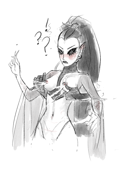 1girls aestra_khromys dark_eldar drukhari elf_ears female jetblackraider lactation milk milking nipple_tweak pinching_nipples sketch straight surprised warhammer_(franchise) warhammer_40k