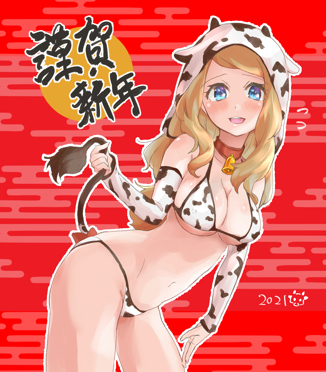 1girls, 2021, blue eyes, blush, breasts, cow bikini, cow print, cowbell, eye contact, female, gloves, kamonohashi, looking at viewer, nintendo, pokemon, pokemon xy, serena (pokemon), tail, text, thick thighs, thighs