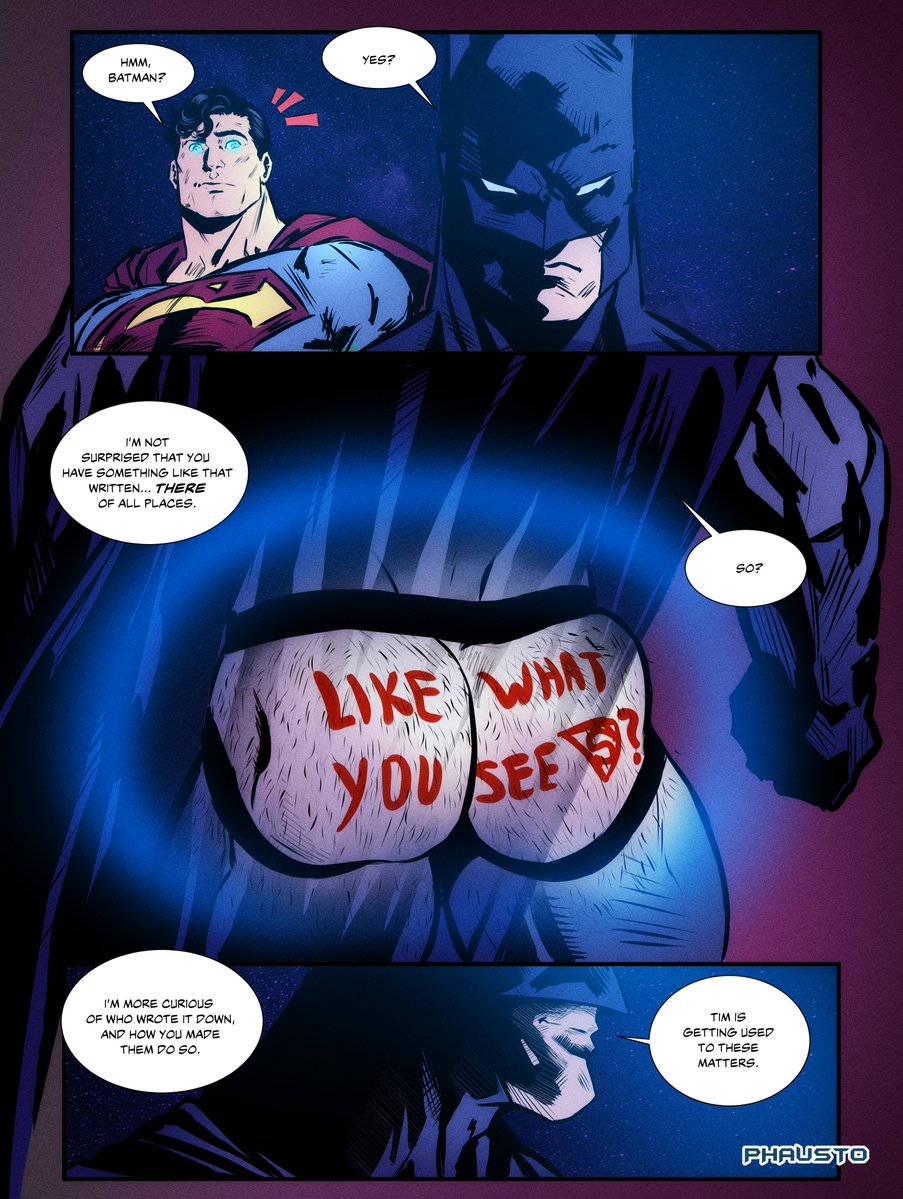 2boys, ass, batman, batman (bruce wayne), batman (series), blue eyes, body writing, bruce wayne, clark kent, clothed, cowl, dc, dc comics, inviting to sex, jockstrap, kal-el, male, male only, male/male, muscular, phausto, superman, superman (clark kent), superman (series), x-ray vision, yaoi