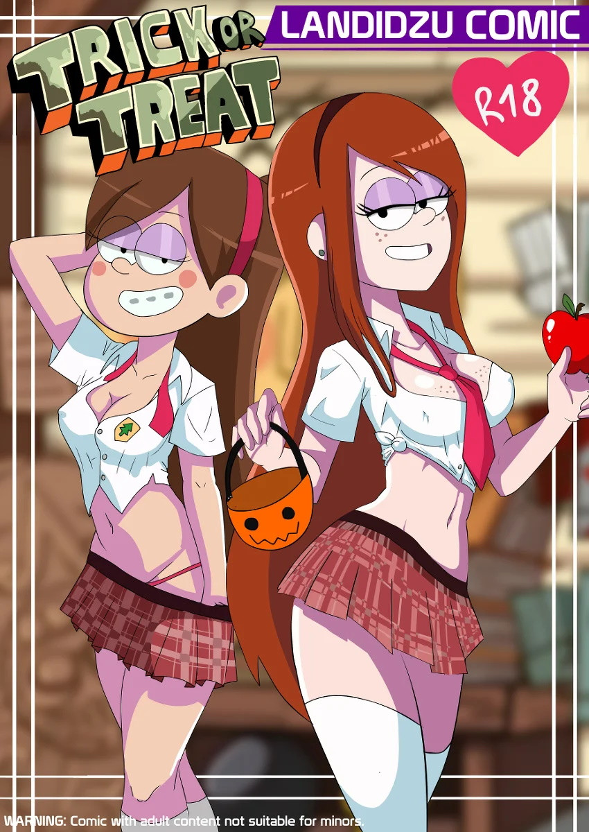 2girls apple black_eyes brown_hair disney disney_channel earrings english_text female female_only gravity_falls halloween landidzu mabel_pines miniskirt multiple_girls nipples_visible_through_clothing pumpkin school_uniform slip smile socks straight_hair text tie wendy_corduroy