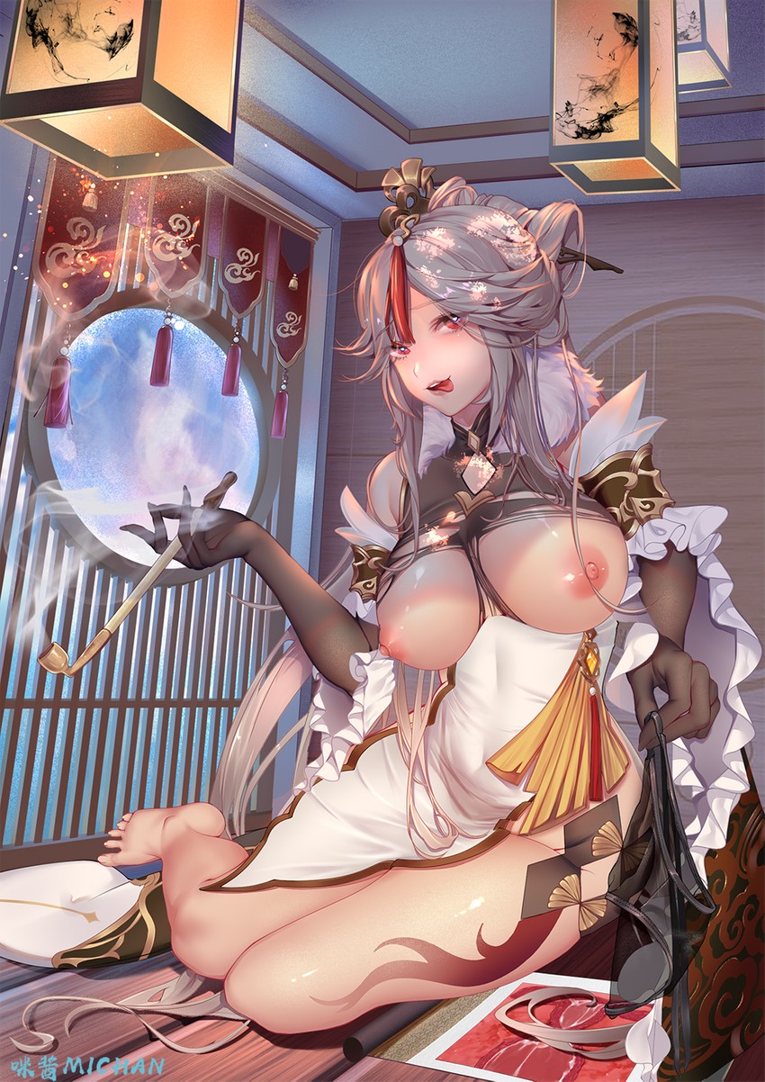 1girls, areolae, barefoot, black panties, breasts, breasts out, chinese dress, female, genshin impact, holding panties, kiseru, large breasts, looking at viewer, ningguang (genshin impact), no panties, panties, panties removed, pipe, tattoo, thighs, tongue, tongue out, torn clothes, underwear, white hair