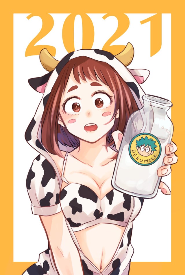 1girls, 2021, breasts, brown eyes, brown hair, brown-haired female, cow girl, cow horns, cow print, cow print bikini, cute, female, hoodie, izuku midoriya, milk, milk bottle, my hero academia, navel, ochako uraraka, small breasts, tabetai omochi