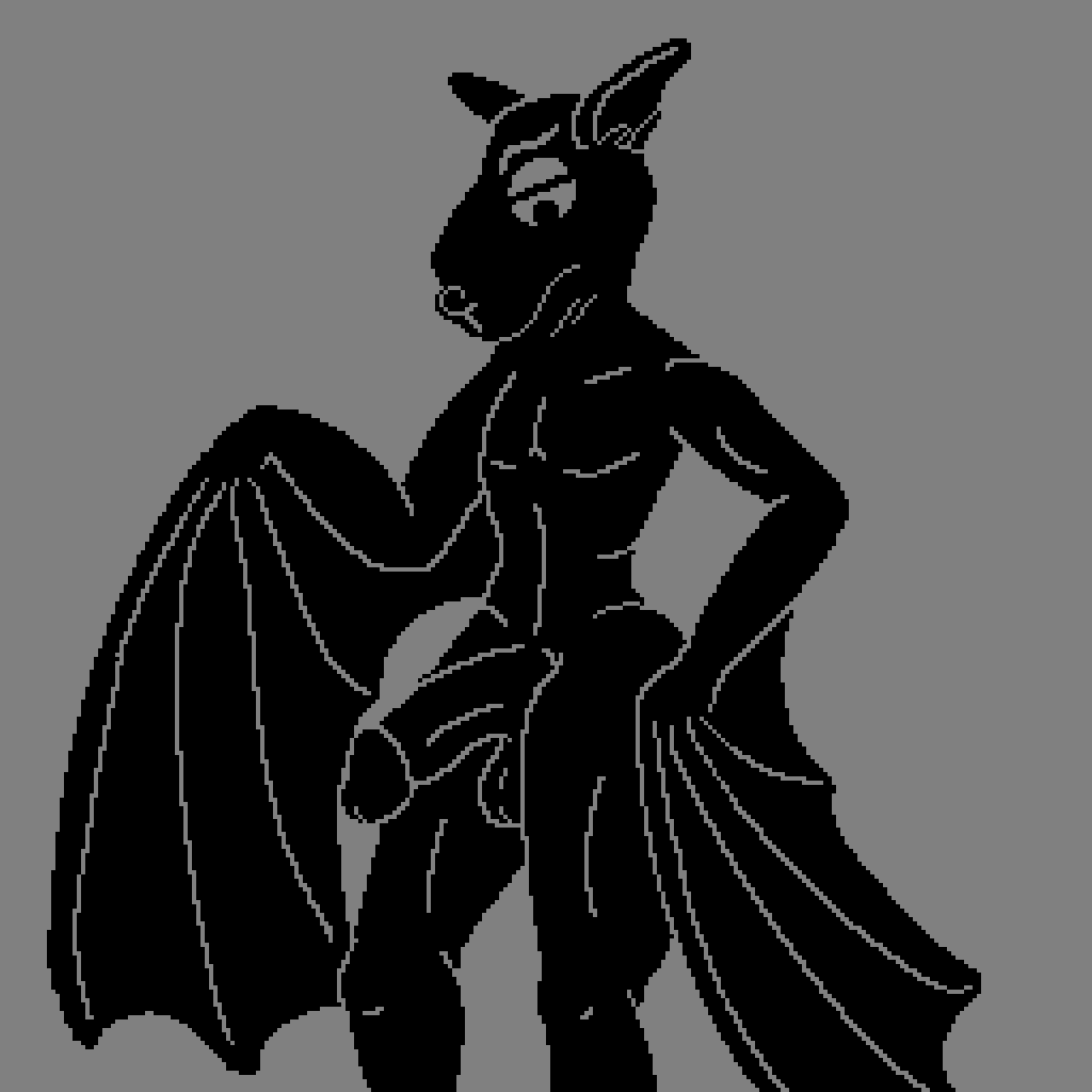 1:1 anthro balls chiropteran digital_media_(artwork) furry genitals half-closed_eyes half-erect hammerhead_bat looking_down male mammal monochrome narrowed_eyes noodlybat_(artist) penis pixel_art simple_background solo standing thick_penis wing_hands wings