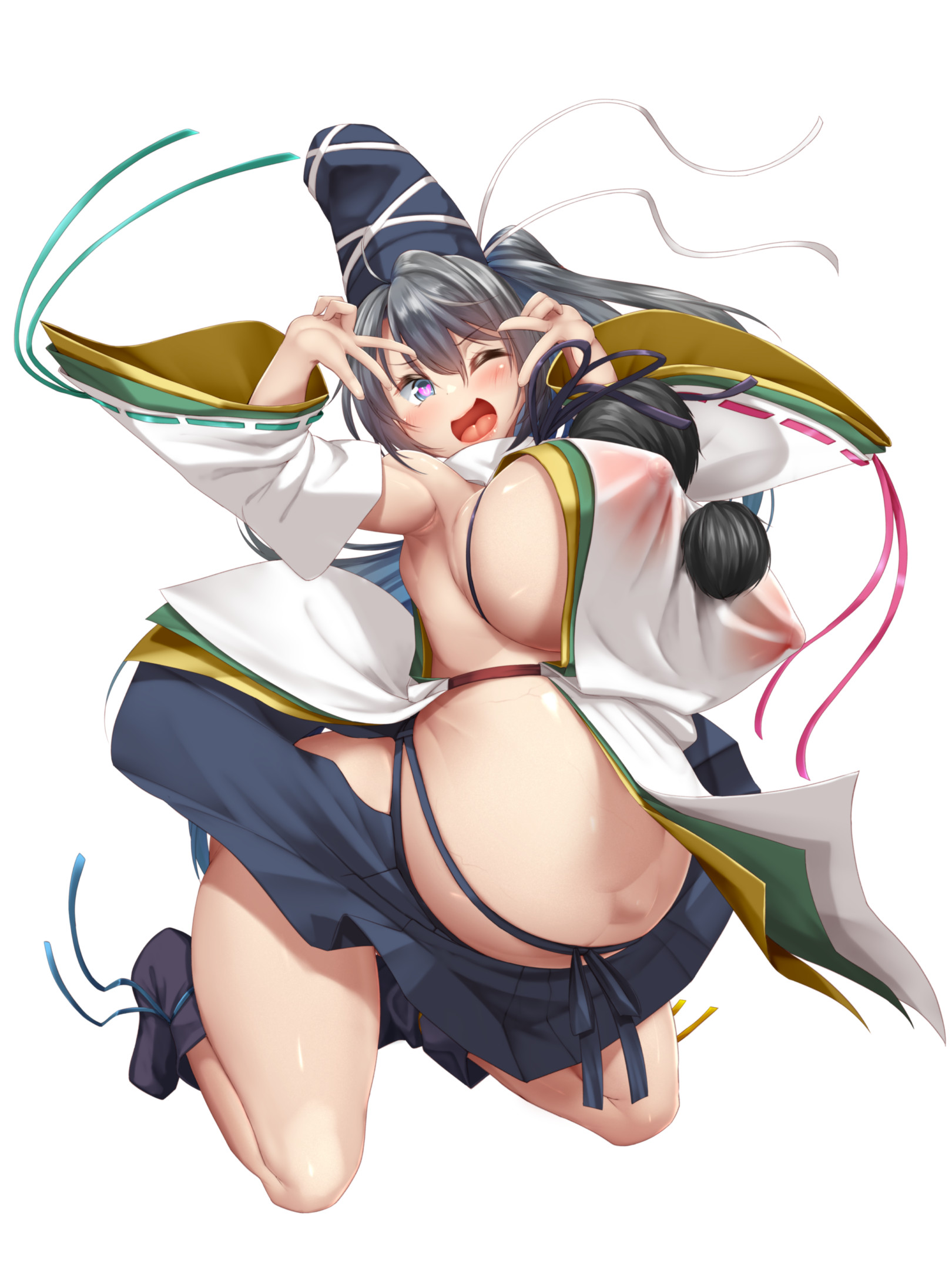 1girls, big breasts, breasts, cleavage, female, female only, huge belly, kawahagitei, large breasts, looking at viewer, mononobe no futo, pregnant, ready to pop, solo, tagme, touhou