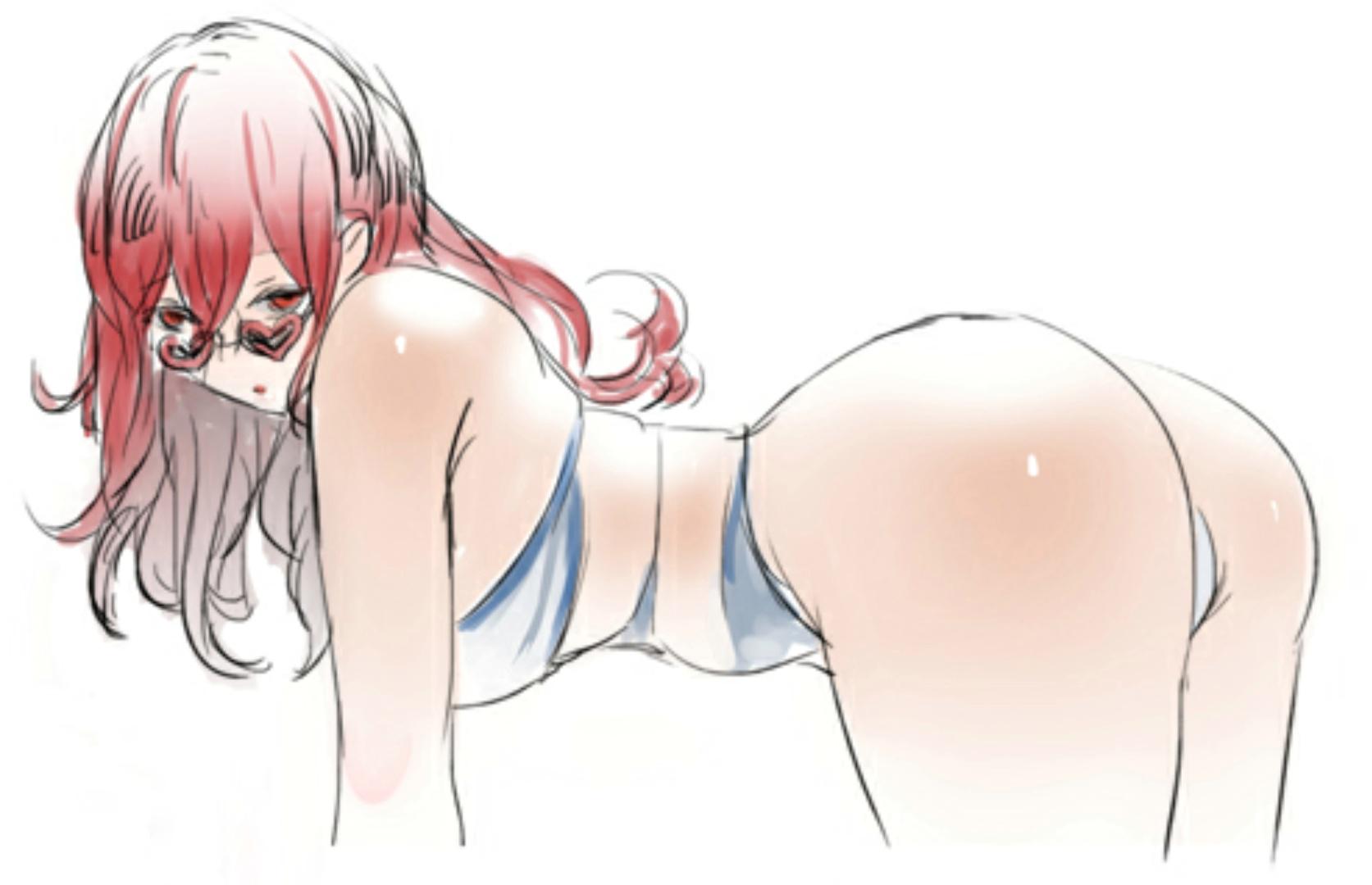 ass, big ass, female, heart-shaped eyewear, heart-shaped sunglasses, league of legends, looking over eyewear, looking over glasses, looking over sunglasses, miss fortune, pd, pool party miss fortune, pool party series, red eyes, red hair, sketch, sunglasses, tinted eyewear