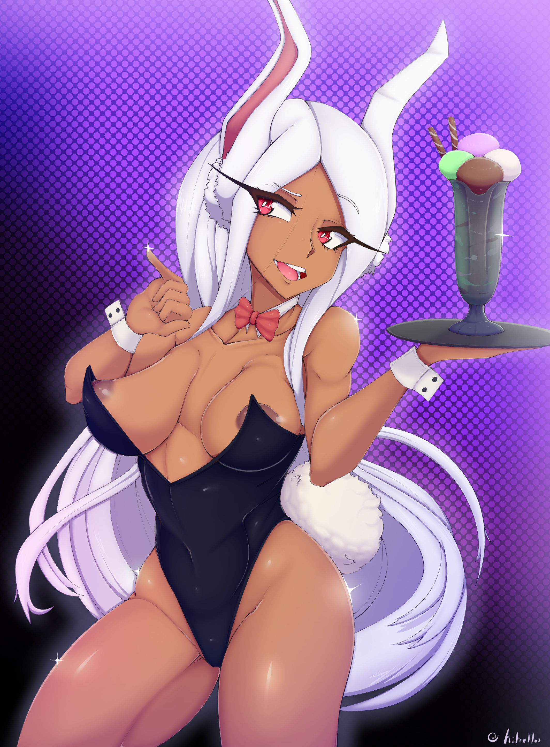 1girls, aitrellos, animal ears, animal tail, areolae, bare shoulders, big breasts, breasts, bunny ears, bunny girl, bunny tail, bunnysuit, dark skin, dark-skinned female, detached collar, detached sleeves, female, female only, food, holding object, ice cream, large breasts, leotard, long eyelashes, long hair, miruko, my hero academia, nipples, red eyes, ribbon, rumi usagiyama, sundae, tray, white hair