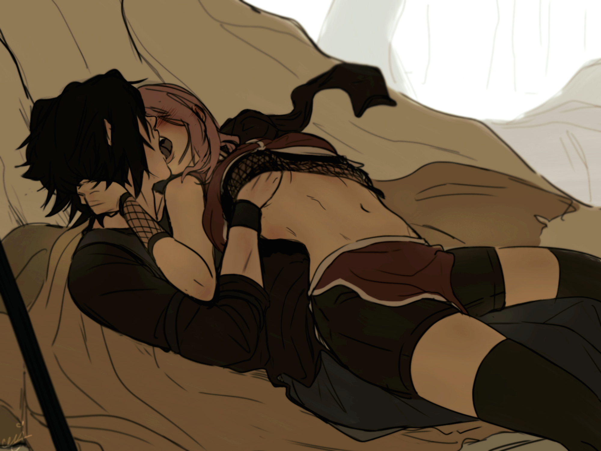 1boy, 1girls, breast hold, breasts, ceejss, female, fondling, fondling breast, french kissing, hetero, heterosexual, kiss, kissing, lying, lying on back, lying on person, male, naruto, naruto (series), naruto shippuden, naruto: the last, outdoors, outside, pink hair, sakura haruno, sasuke uchiha, small breasts, straight, undressing