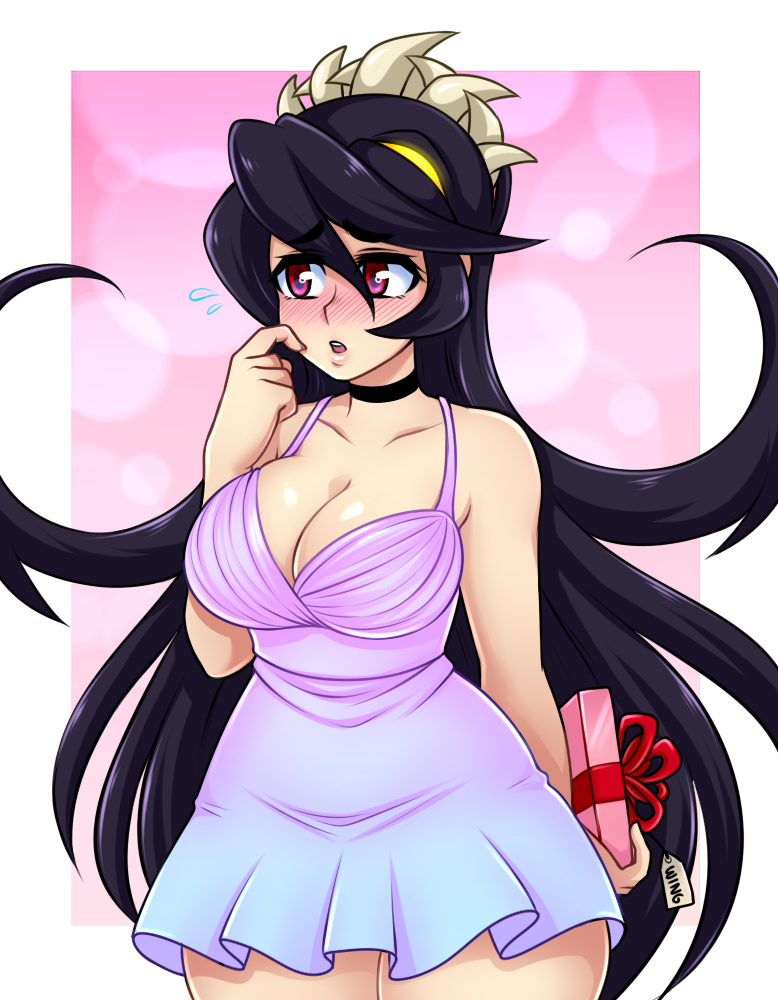 1girls big_breasts black_hair blush breasts cleavage collar dress female female_only filia_(skullgirls) hourglass_figure long_hair narrow_shoulders open_mouth pink_dress present red_eyes samson_(skullgirls) short_dress skullgirls spewing_mews thick_thighs thighs thin_waist wide_hips