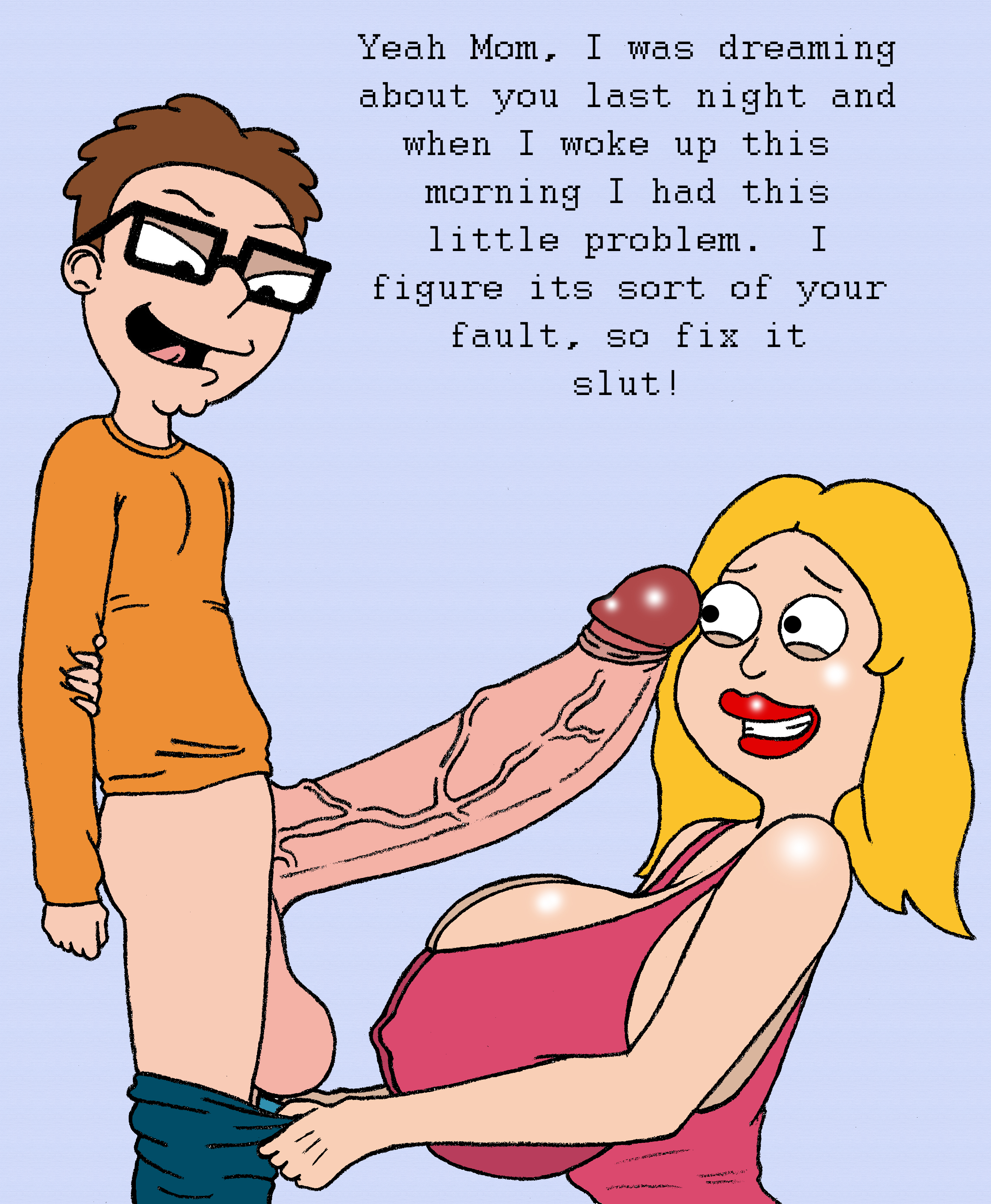 alternate breast size, american dad, breasts, dominant male, female, francine smith, huge breasts, huge cock, imminent sex, incest, male, mother and son, penis, sbb, steve smith