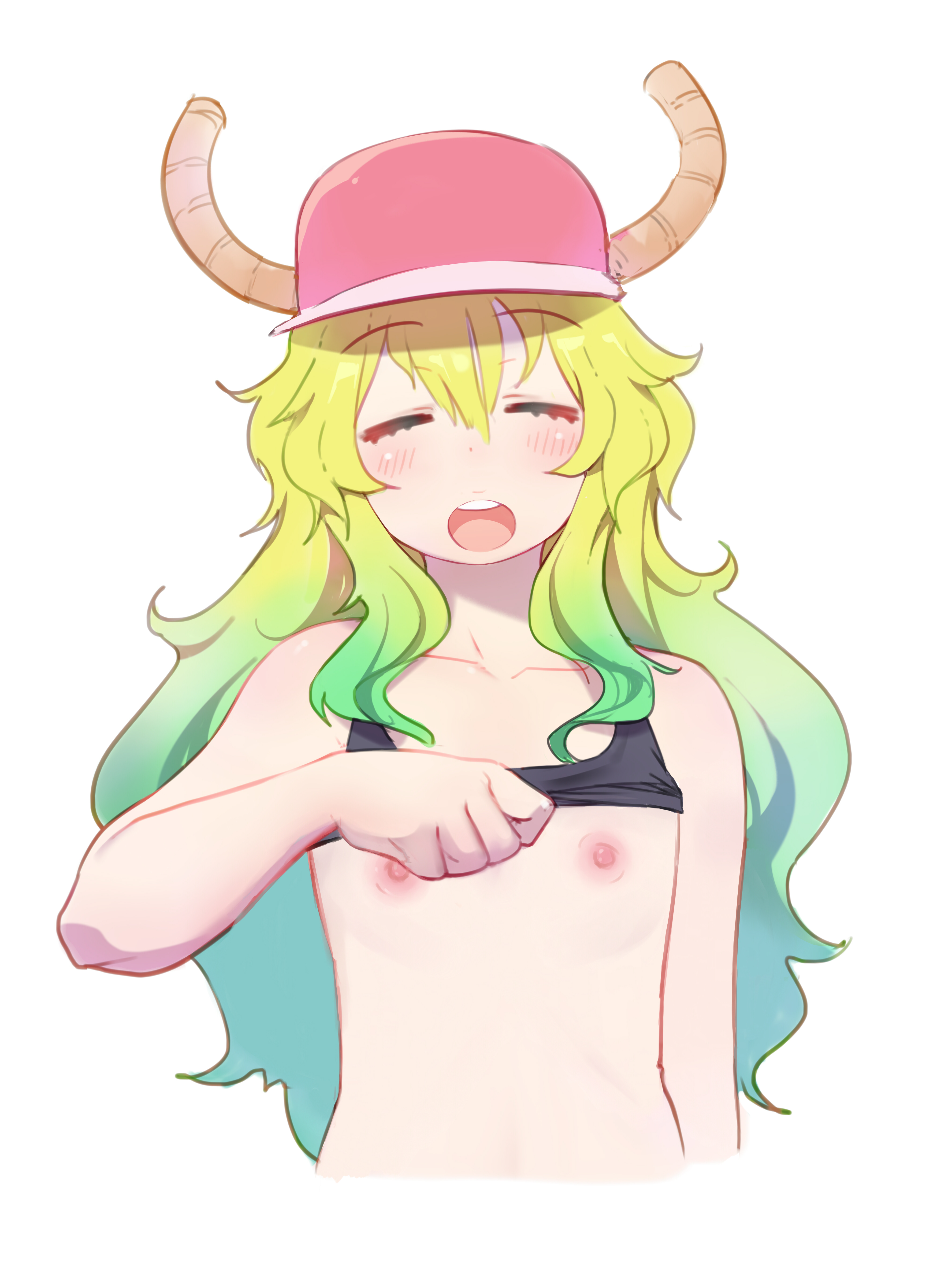 1girls, alternate breast size, blonde hair, breast reduction, breasts, female, female only, flat chest, horns, miss kobayashi's dragon maid, nipples, quetzalcoatl (dragon maid), shirt lift, solo