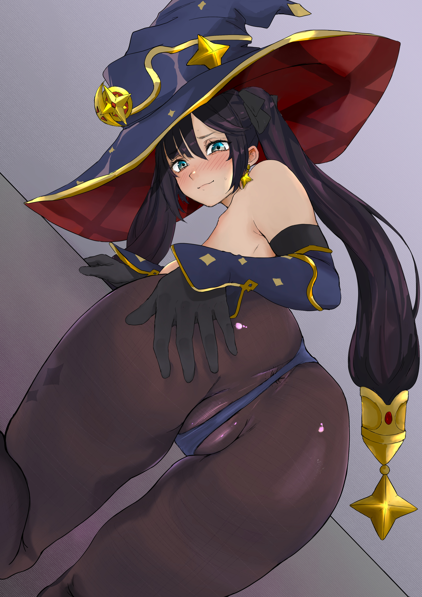 1girls, ass, bent over, big ass, big butt, blush, breasts, female, from behind, genshin impact, leotard, looking at viewer, mona (genshin impact), pantyhose, partially visible anus, partially visible vulva, presenting ass, pussy, sideboob, smile, witch hat