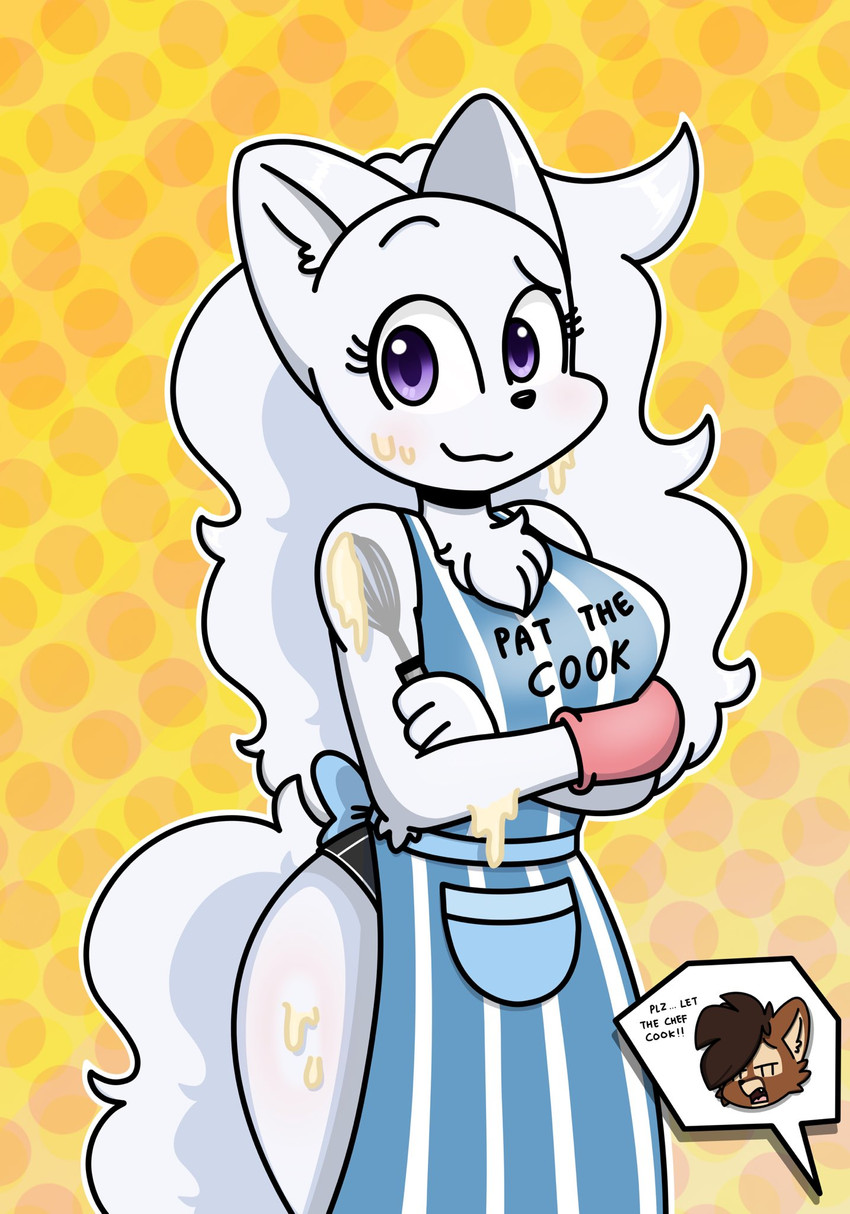 anthro apron blanca blanca_(nicky_illust) brown_body brown_fur brown_hair canid canine canis clothed clothing cooking dialogue domestic_dog duo english_text female hi_res long_fur long_hair male mammal nicky_illust nordic_sled_dog partially_clothed purple_eyes samoyed siroc_(character) spitz stains text underwear white_body white_fur white_hair