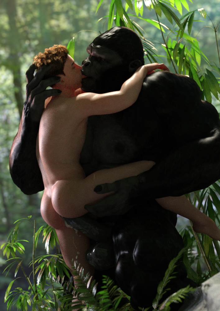 3d, anal, anal sex, anthro on human, ape, ass, balls, big balls, big penis, black penis, bodily fluids, cum, cum in ass, cum inside, dazswole, duo, ejaculation, erection, genital fluids, genitals, gorilla, haplorhine, human, jungle, kissing, male, male penetrated, male penetrating, male penetrating male, male/male, mammal, outside, penetration, penis, primate