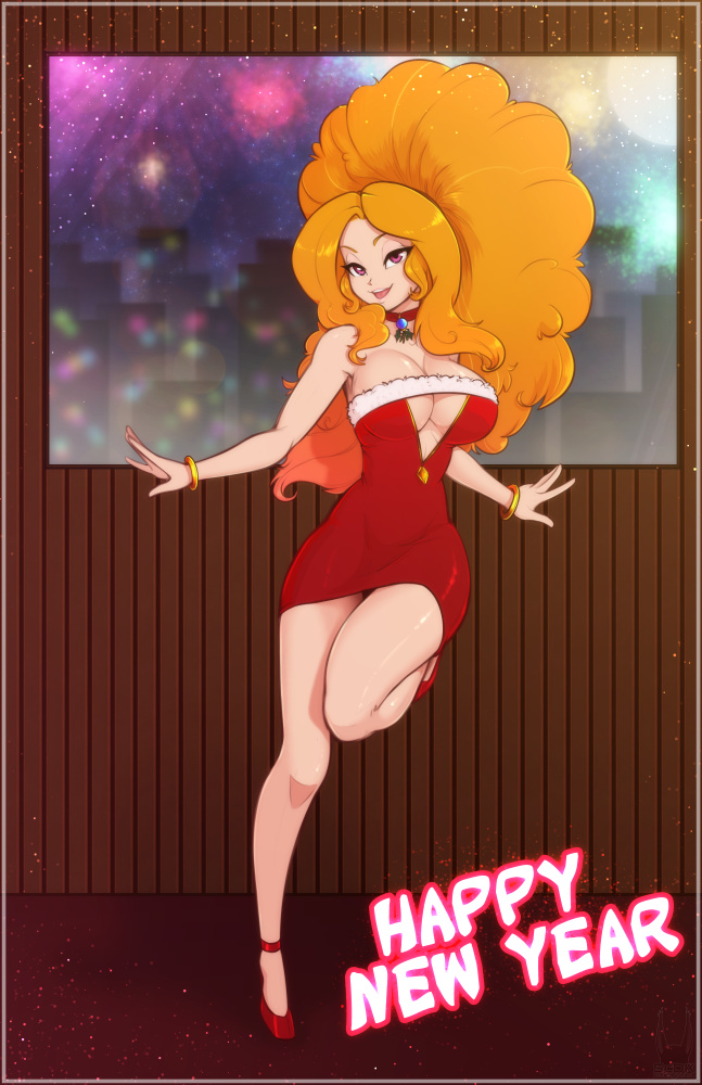 1girls, 2021, adagio dazzle, big breasts, big hair, bracelet, breasts, busty, choker, cleavage, dress, english, english text, equestria girls, female, female only, happy new year, hasbro, high heels, human, legs, long hair, looking at viewer, minidress, my little pony, new year, orange hair, pink eyes, ponytail, scorpdk, solo, solo female, text, thighs, twitter link
