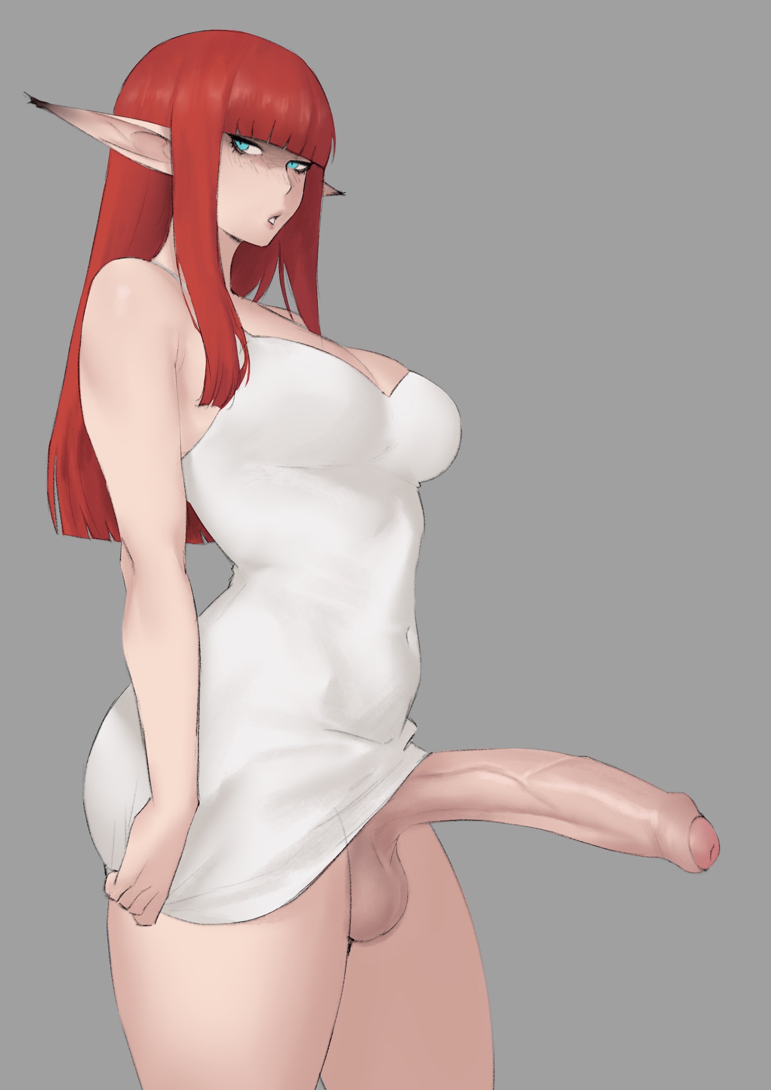 1futa, atlus, blue eyes, cleavage, eiselin hulkenberg, futa only, futanari, huge cock, meruzis, metaphor: refantazio, pointy ears, red hair, solo