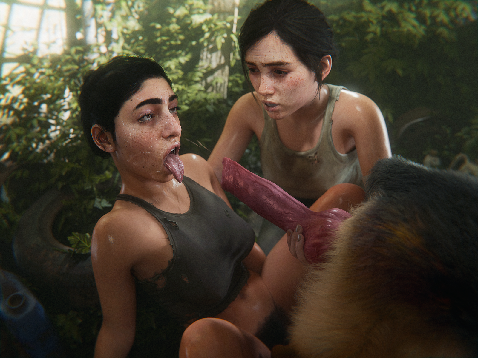 1boy, 2girls, 3d, ahe gao, animal penis, athazel, big penis, blender, brown eyes, brown hair, canid, canine, canine genitalia, canine on human, canine penis, canis, cum, dina (the last of us), domestic dog, ellie (the last of us), ellie williams, female, female on feral, feral, feral on female, feral on human, freckles, german shepherd, hairy pussy, human, human female, human on feral, knot, light-skinned female, male, male on human, male/female, middle eastern, mouth open, multiple girls, penis, pubic hair, sony interactive entertainment, the last of us, the last of us 2, threesome, tongue out, zoophilia
