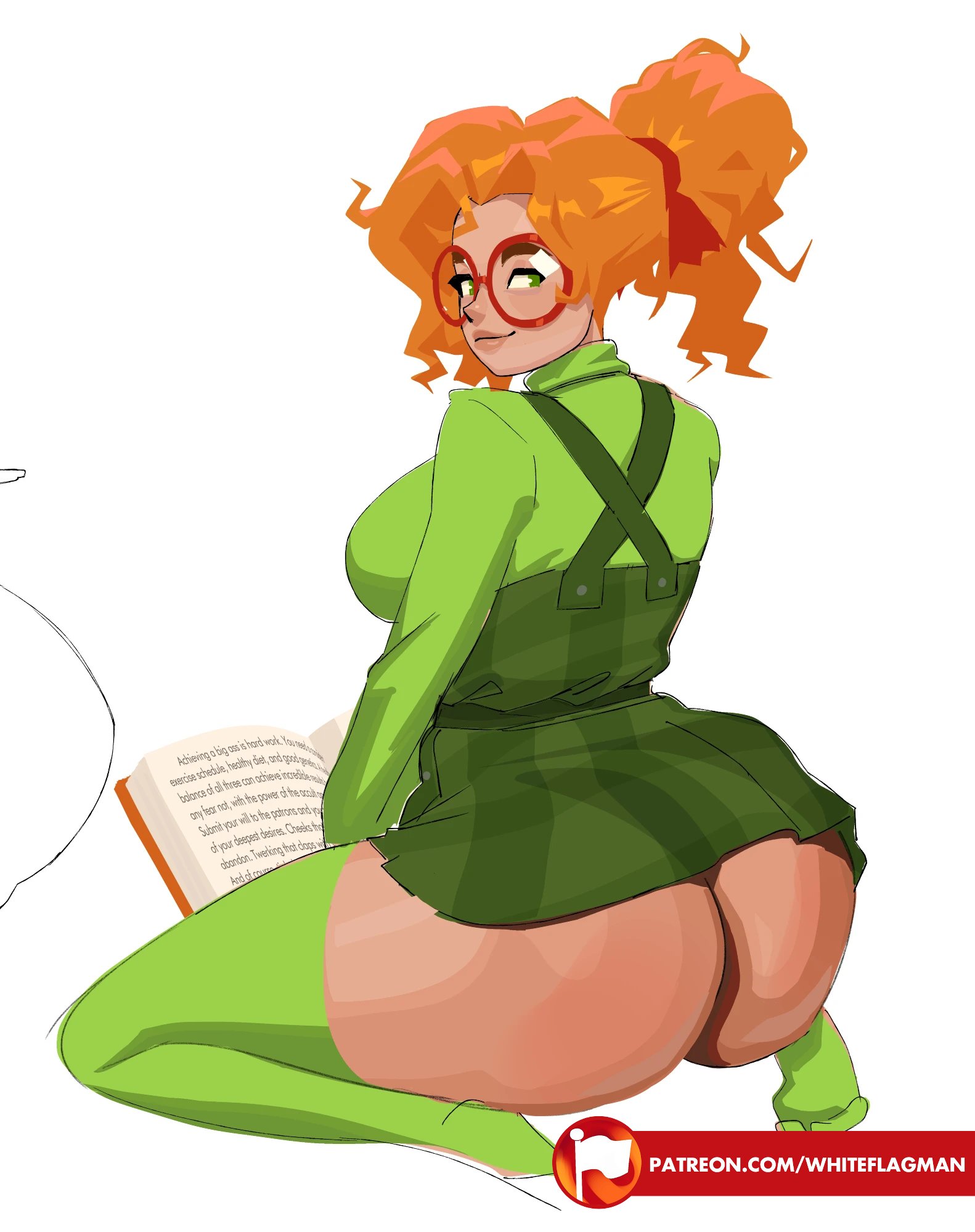 1girls, ass, book, deadlock, female, glasses, kneeling, looking back, orange hair, paige (deadlock), smirk, solo, valve, whiteflagman