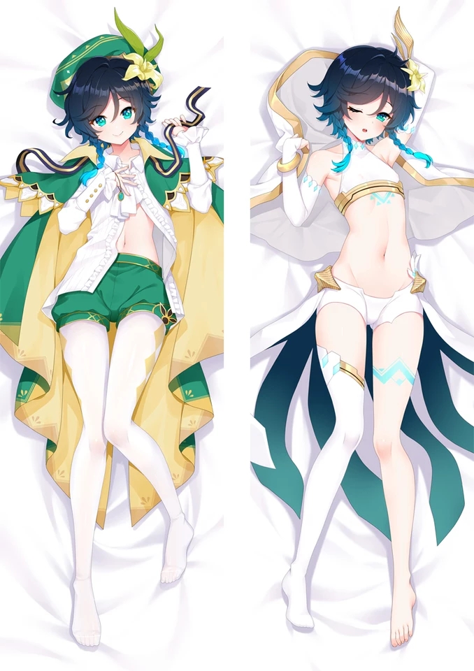 1boy, aqua eyes, blue hair, body pillow, braids, dakimakura, dakimakura design, femboy, genshin impact, girly, male, solo male, trap, venti (genshin impact)