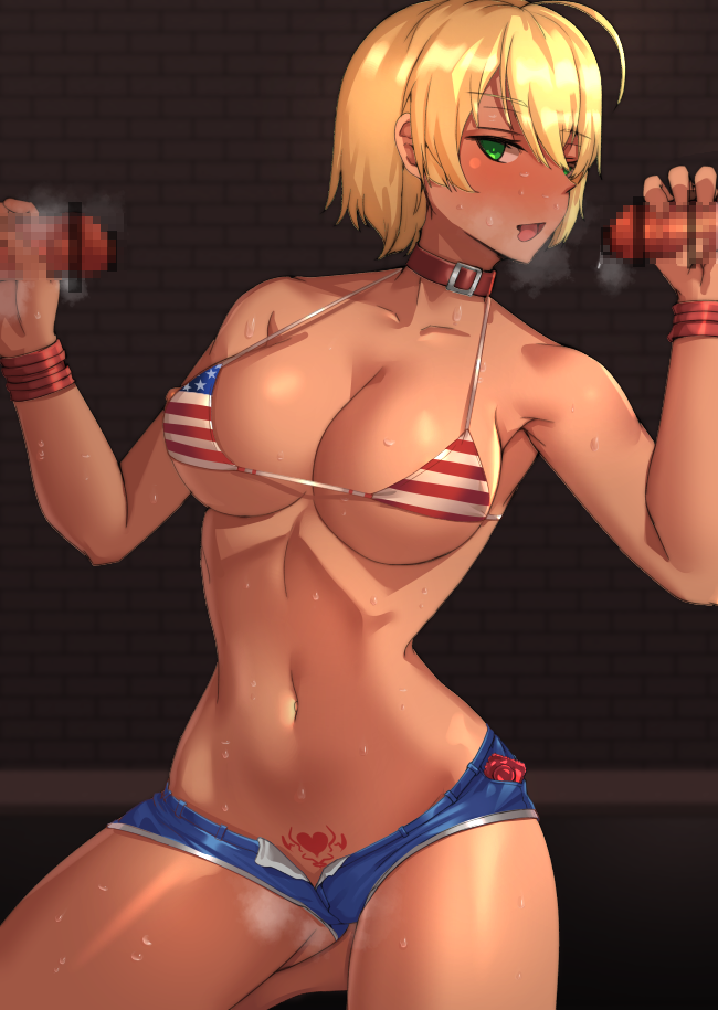 blonde_hair breasts clyde_s double_handjob green_eyes handjob heavy_breathing mito_ikumi pubic_tattoo shokugeki_no_souma stomach_tattoo tattoo