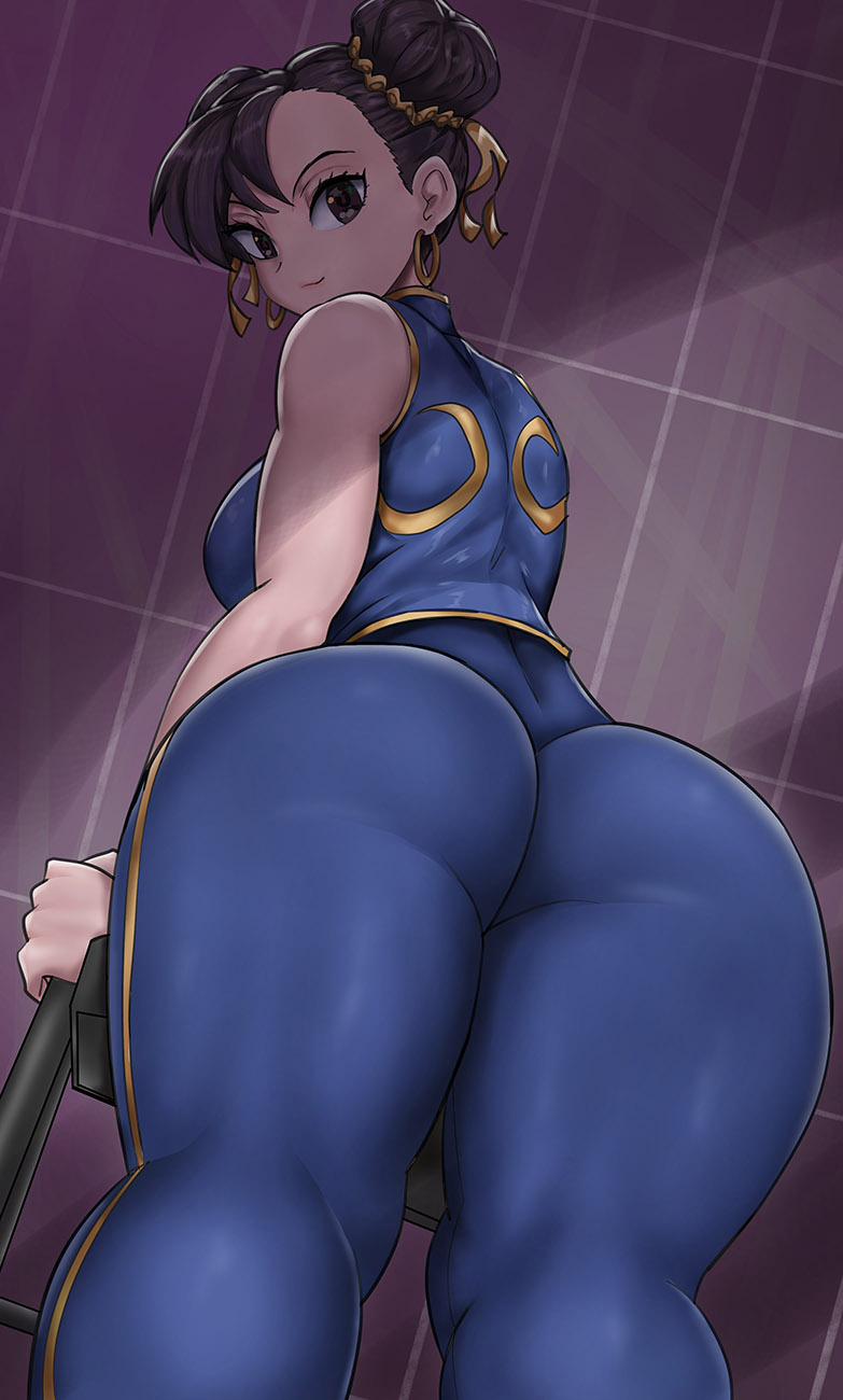 1girls, 2d, 2d (artwork), blue leggings, blue legwear, capcom, chun-li, crop top, double bun, earrings, female, female focus, female only, gold earrings, hair ornament, hoop earrings, kunanstudio, leggings, looking at viewer, looking back, looking back at viewer, short hair, street fighter, tagme