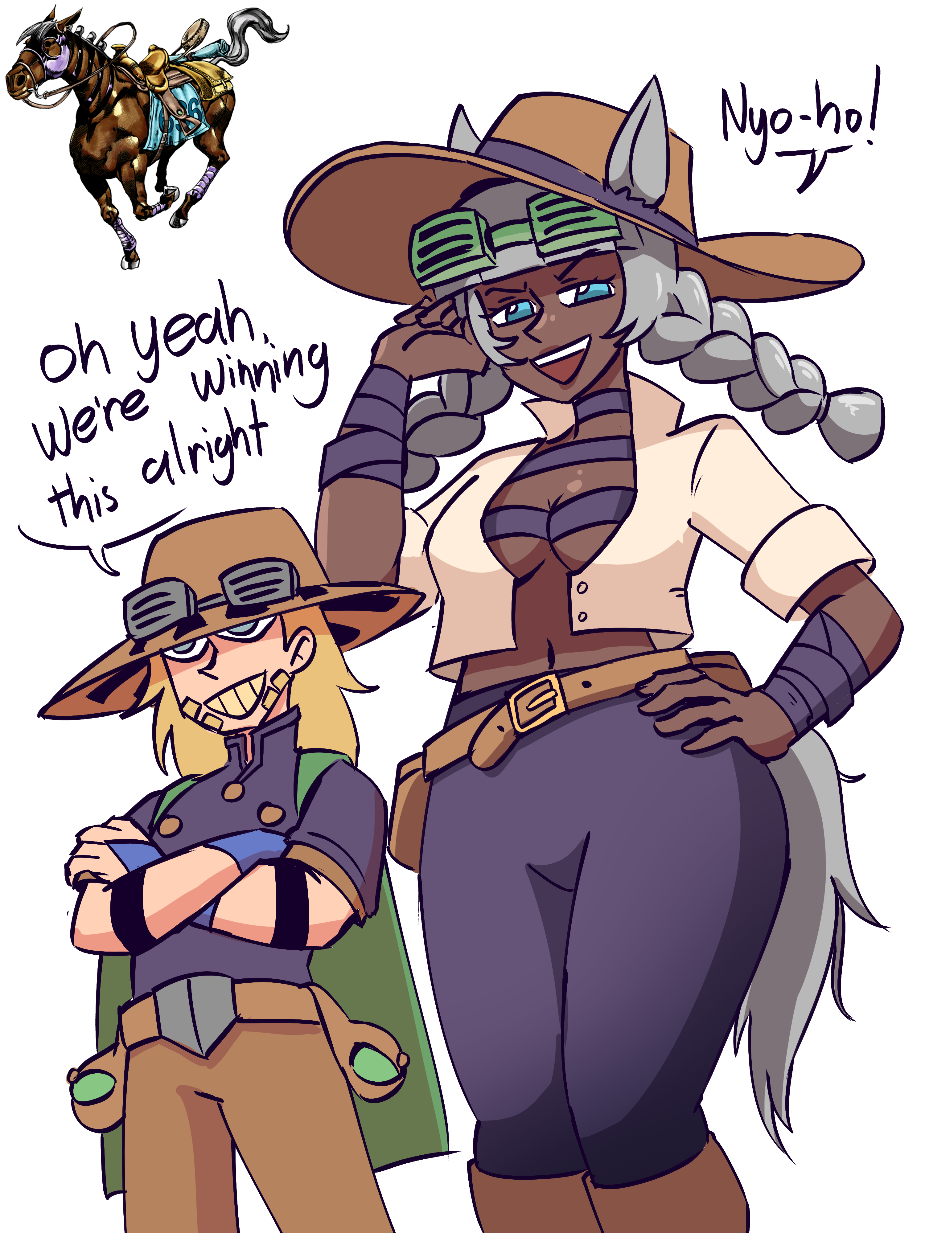 1boy, 1girls, big breasts, bigger female, blonde hair, blonde male, blonde-haired male, breasts, clothed, clothed female, crossover, dark skin, dark-skinned female, female, gray hair, gray hair female, grey hair, grey hair female, gyro zeppeli, horse girl, horsegirl, human, human male, jojo no kimyou na bouken, jojo's bizarre adventure, larger female, light skin, light-skinned male, male, revannman, shorter male, smaller male, steel ball run, umamusume, umamusume pretty derby, valkyrie (jjba)