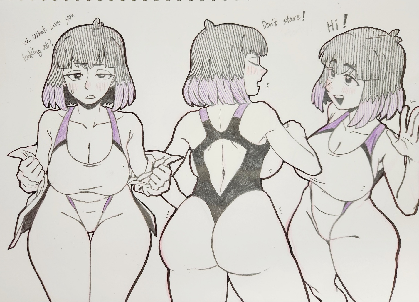 ass, big ass, big breasts, black hair, blush, breasts, english, english commentary, english dialogue, english text, female, female only, girin, hilda (series), kaisa (hilda), large ass, large breasts, medium hair, navel, navel visible through clothes, nipples, nipples visible through clothing, one-piece swimsuit, pale skin, pale-skinned female, purple hair, swimsuit, thigh highs, thighhighs, thighs, tight clothing, tight swimsuit, tight swimwear, two-tone hair, voluptuous, voluptuous female, wide hips