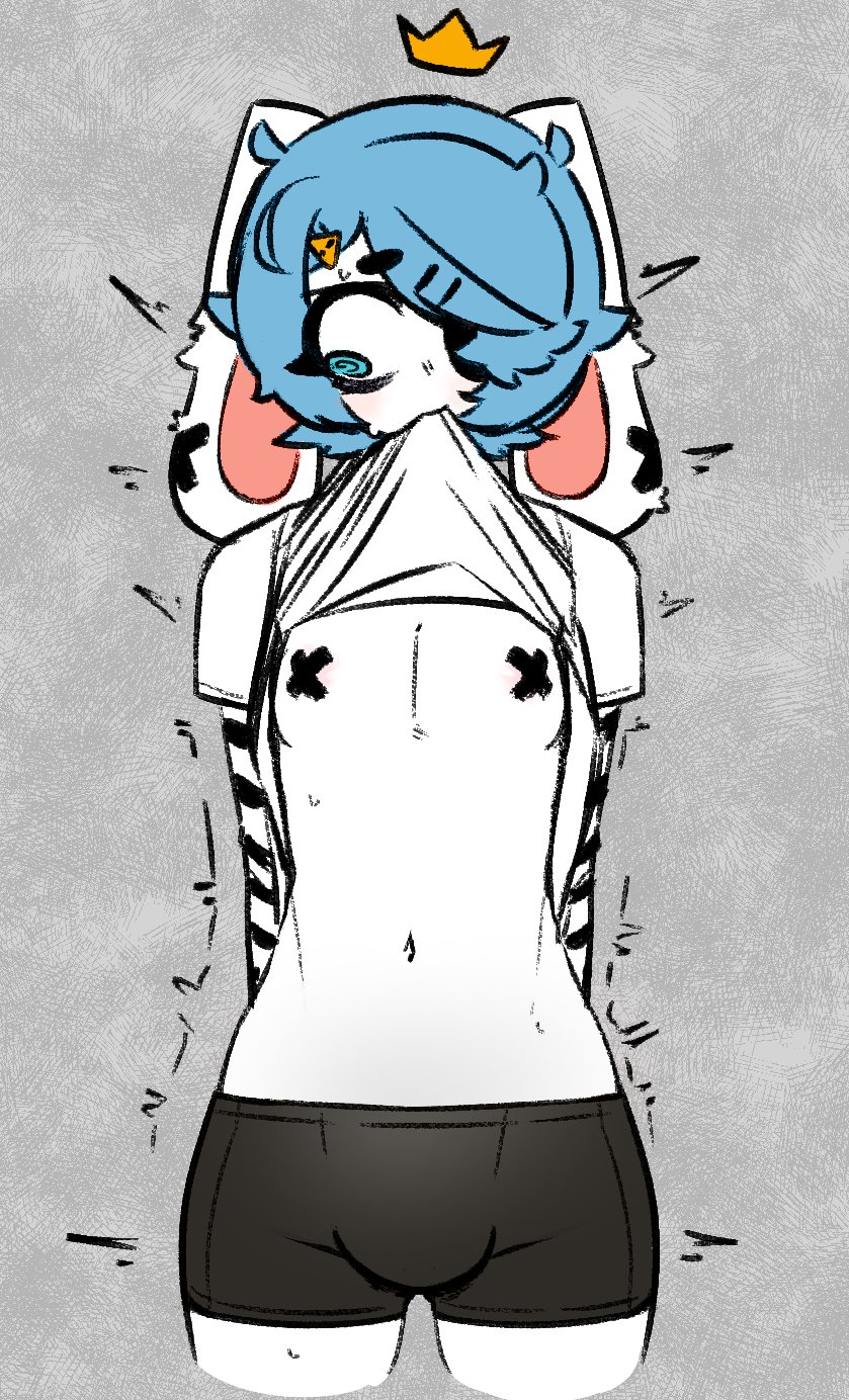 1boy, avv (probablyavv), bandage, bandage on nipples, blue hair, bulge, bulge through clothing, bunny, bunny boy, bunny ears, bunnyboy, choker, eye patch, eyepatch, lagomorph humanoid, nipple bandage, probablyavv, shirt lift, shirt up, twink, underwear