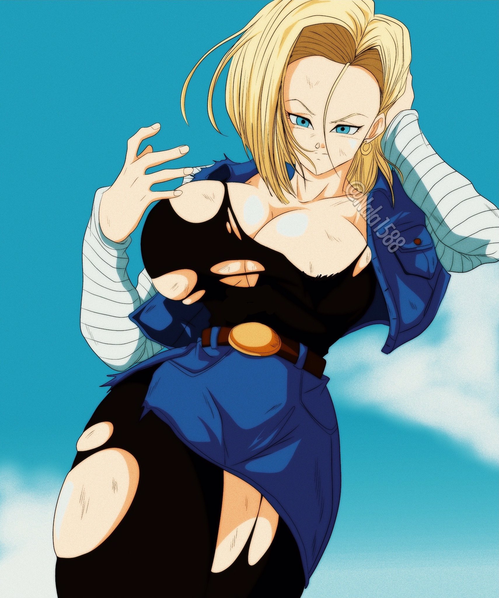 1girls, android 18, big breasts, breasts, cleavage, clothed, dragon ball, dragon ball z, female, female only, huge breasts, nala1588, shounen jump, solo, solo female, torn clothes