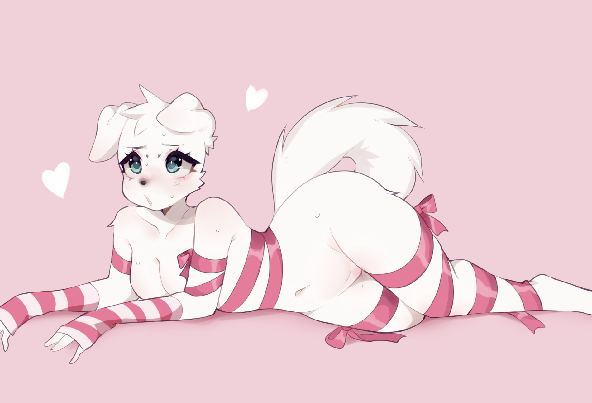 anthro, arm warmers, armwear, blue eyes, blush, bodily fluids, breasts, canid, canine, canis, clothing, domestic dog, female, floppy ears, fredek666, fur, genital fluids, genitals, hair, heart, hi res, lucy (felicity longis), lying, mammal, nude, on side, pussy, pussy juice, ribbons, simple background, solo, white body, white fur, white hair