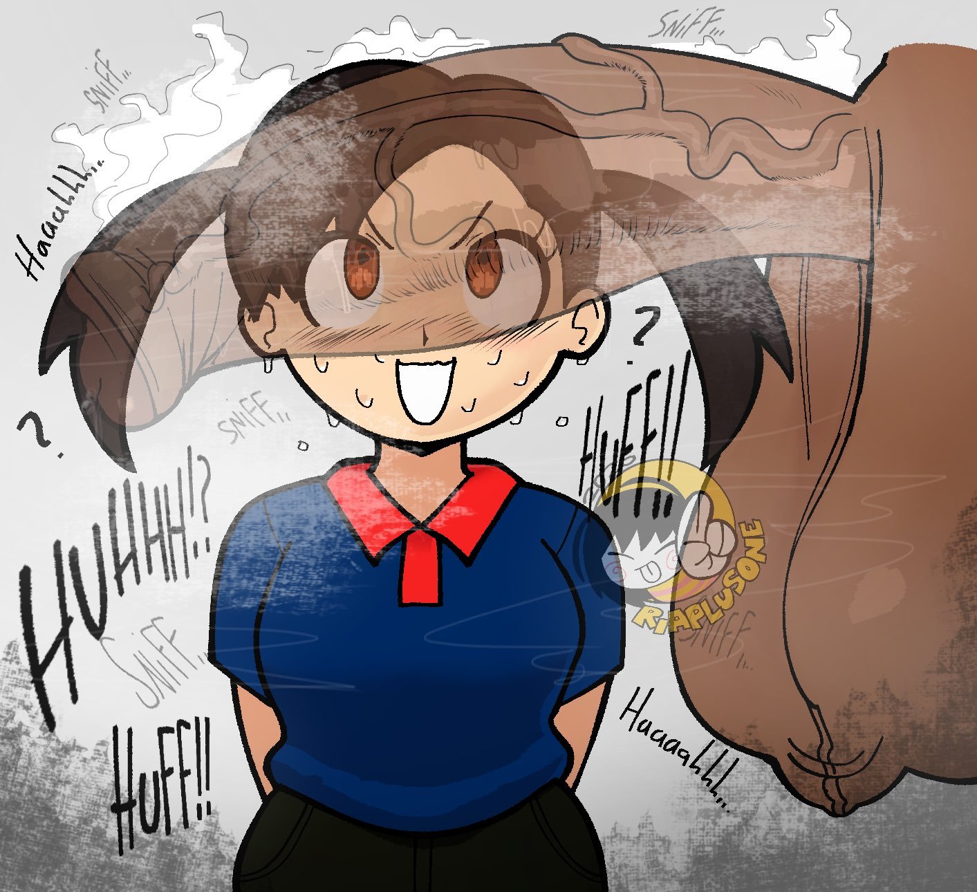 1girl, alternate version available, anonymous male, black hair, cant see the haters, cock shock, dark-skinned male, fully clothed female, large balls, mario (series), mario golf, musky cock, plum (mario), riaplusone, size difference, text, x-ray view