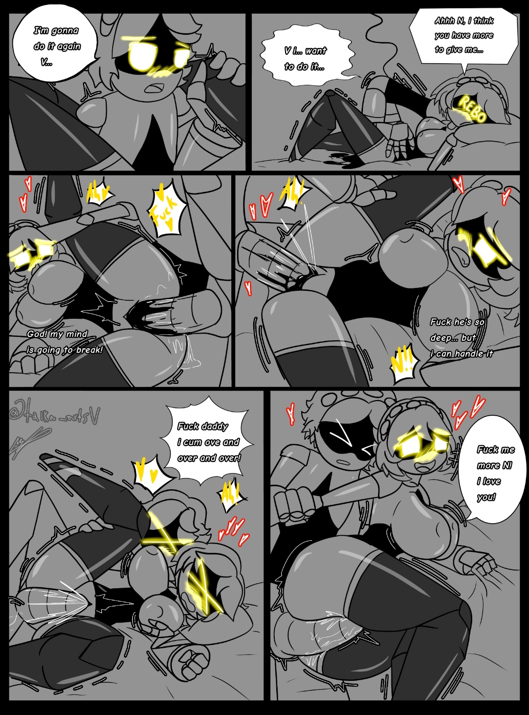 belly bulge, blowjob, comic, cum, cum in pussy, cum inside, deep penetration, deepthroat, envy (murder drones), excessive cum, excessive pussy juice, large breasts, large penis, murder drones, n (murder drones), pussy juice, pussy juice drip, robot, robot boy, robot girl, stomach bulge, tagme, taika artsv, too lazy to tag, v (murder drones), vaginal penetration, yellow eyes