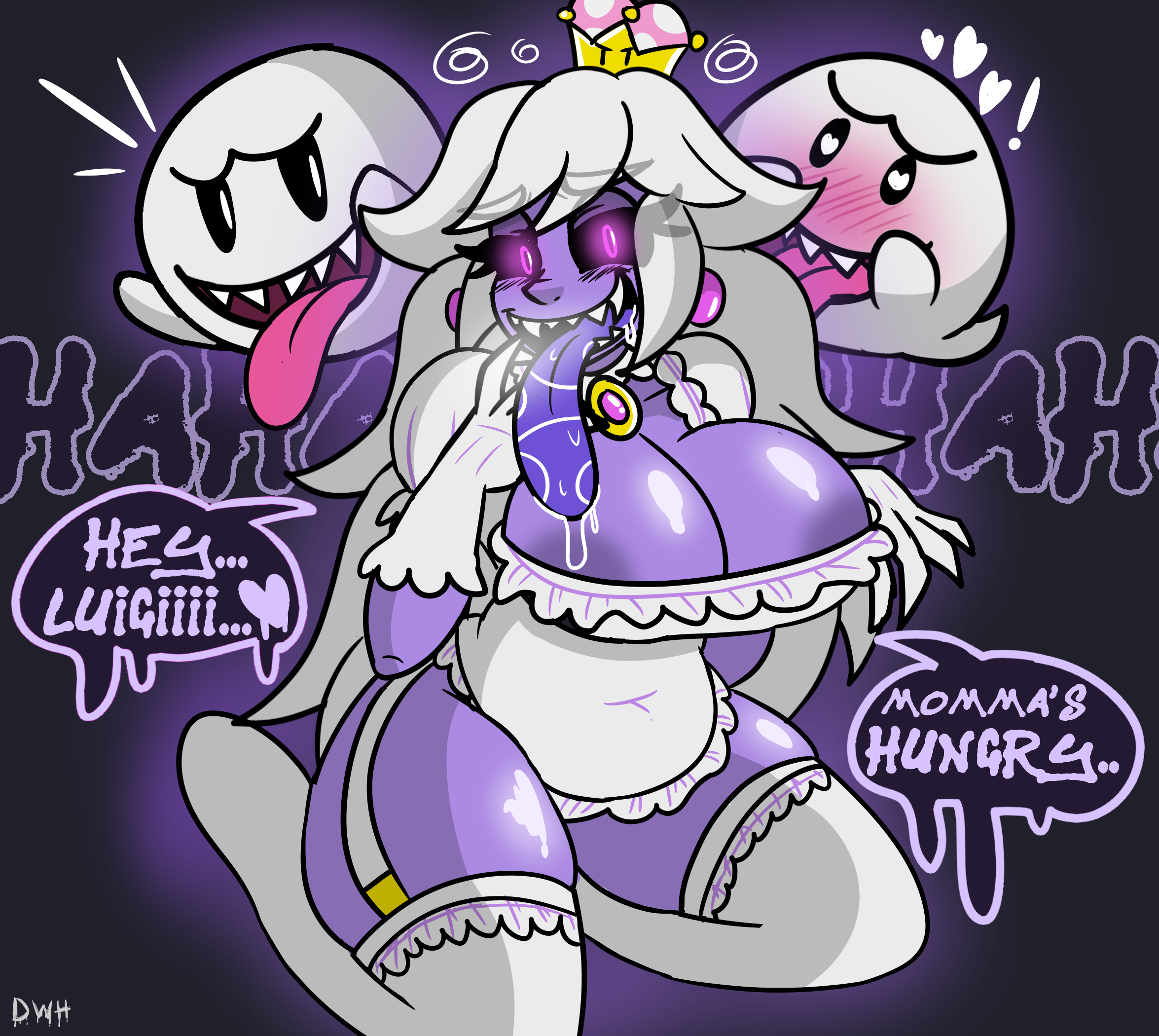 areolae, areolae slip, belly, blush, boo (mario), boosette, breasts, chubby, chubby female, cleavage, cleavage overflow, clothes, darkwolfhybrid, female, gloves, glowing eyes, huge breasts, long tongue, luigi's mansion, mario (series), name drop, new super mario bros. u deluxe, nintendo, saliva, saliva drip, super crown, thick thighs, thighhighs, tongue