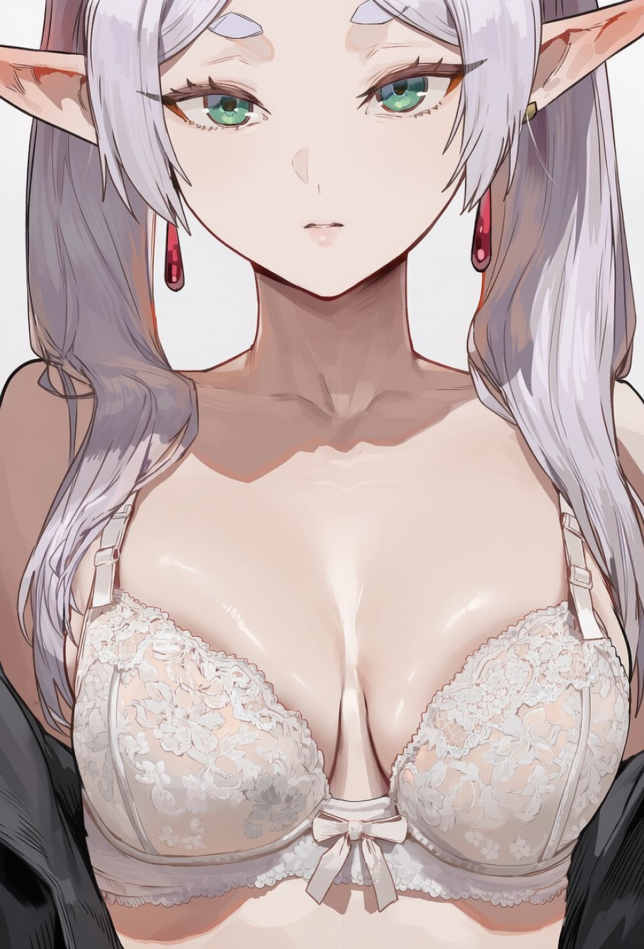 ai generated, breasts, cleavage, earrings, elf, elf ears, female, frieren, frieren beyond journey's end, green eyes, lace trim, lace-trimmed bra, lips, ribbon, shiny skin, sousou no frieren, twintails