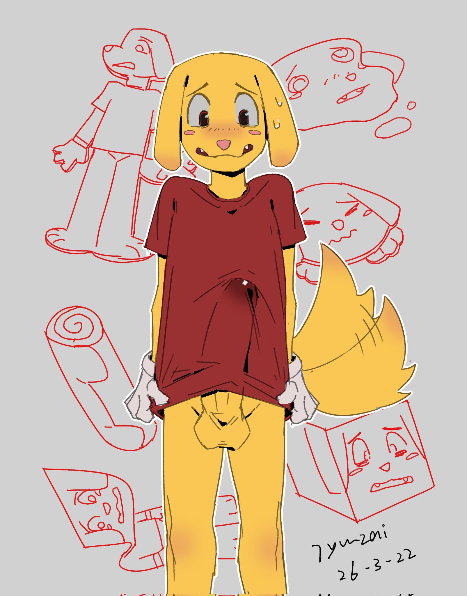 1boy, anthro, anthro only, balls, ballsack, blush, blush lines, canid, canine, covering crotch, covering penis, covering privates, cum leak, cum leaking, domestic dog, embarrassed, embarrassed male, erection, floppy ears, glitch productions, gloves, hiding erection, jyuuzai, male/female, nervous, nervous smile, nervous sweat, red shirt, scratch (tadc), scratch (the amazing digital circus), solo male, the amazing digital circus, white gloves, yellow body, yellow fur