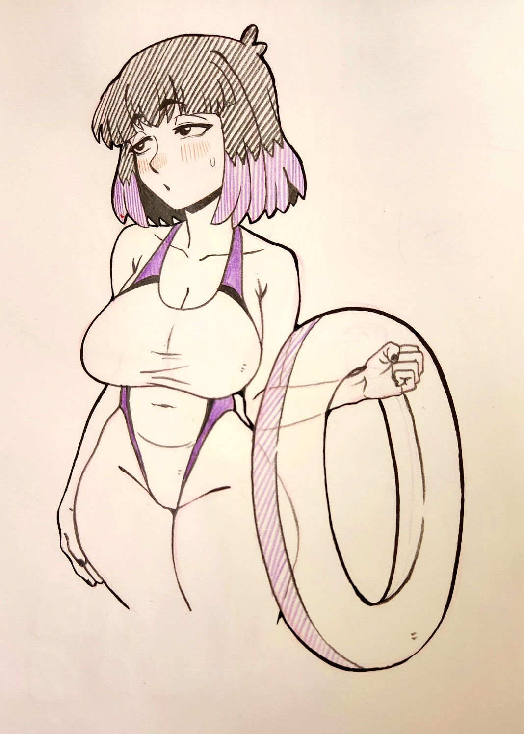 ass, big ass, big breasts, black hair, blush, breasts, english, english commentary, english dialogue, english text, female, female only, girin, hilda (series), kaisa (hilda), large ass, large breasts, medium hair, navel, navel visible through clothes, nipples, nipples visible through clothing, one-piece swimsuit, pale skin, pale-skinned female, purple hair, swimsuit, thigh highs, thighhighs, thighs, tight clothing, tight swimsuit, tight swimwear, two-tone hair, voluptuous, voluptuous female, wide hips