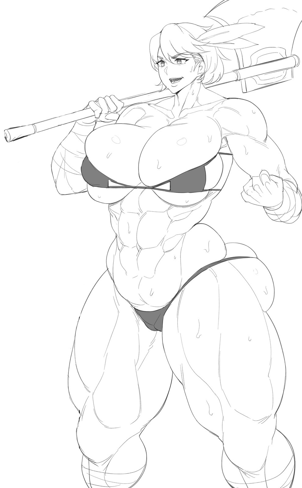 abs, ass, axe, bandages, big breasts, big thighs, bikini, breasts, cocky, feathers, female, female only, huge breasts, huge thighs, muscles, muscular, muscular female, muscular thighs, natedecock, open mouth, short hair, sketch, sweat, tall, tall female, thick thighs, thighs