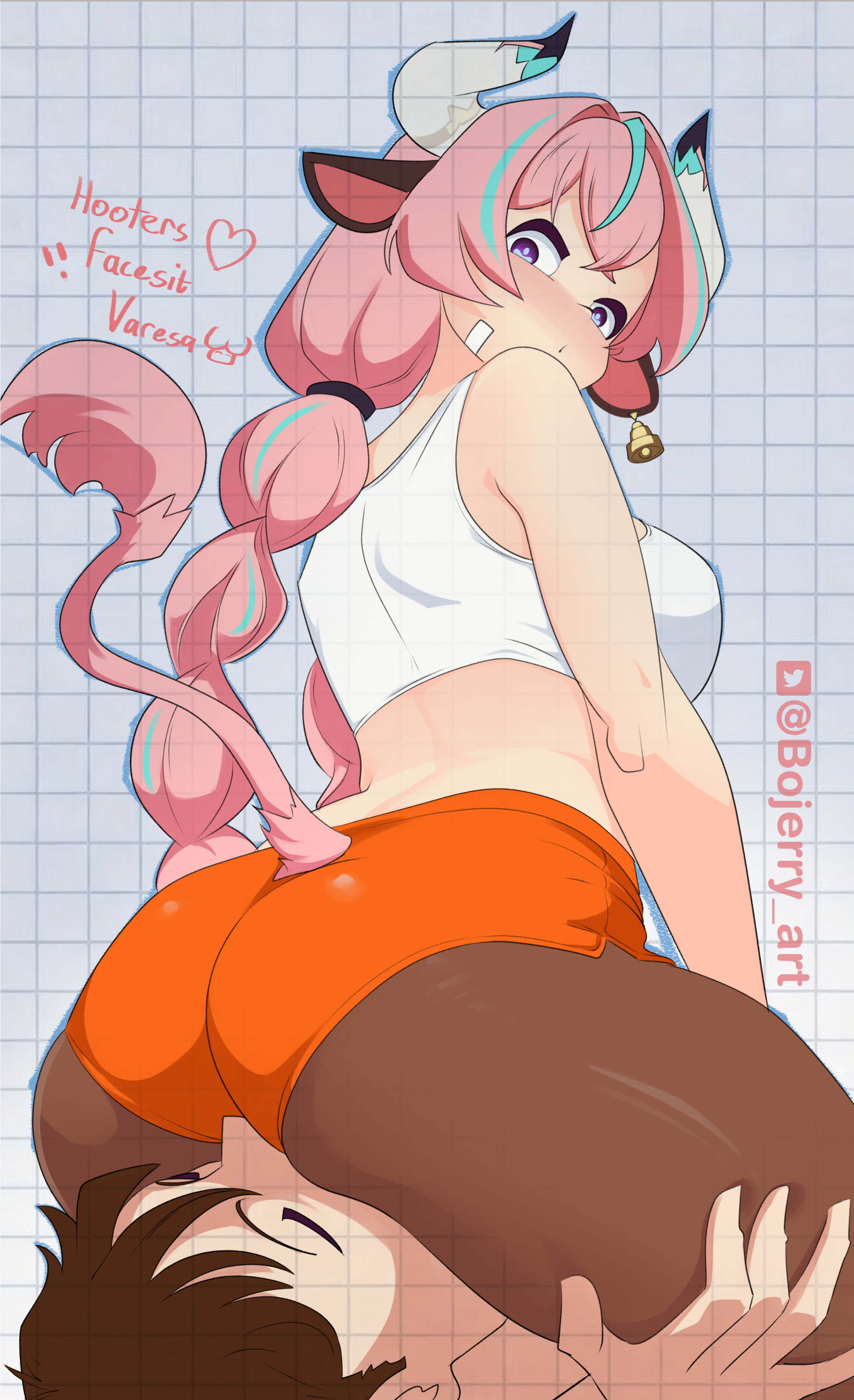 1boy, 1girls, ass, bojerryart, facesitting, female, genshin impact, hooters, hooters uniform, horns, hoyoverse, male, mihoyo, pink hair, smothering, tail, text, tights, varesa (genshin impact)
