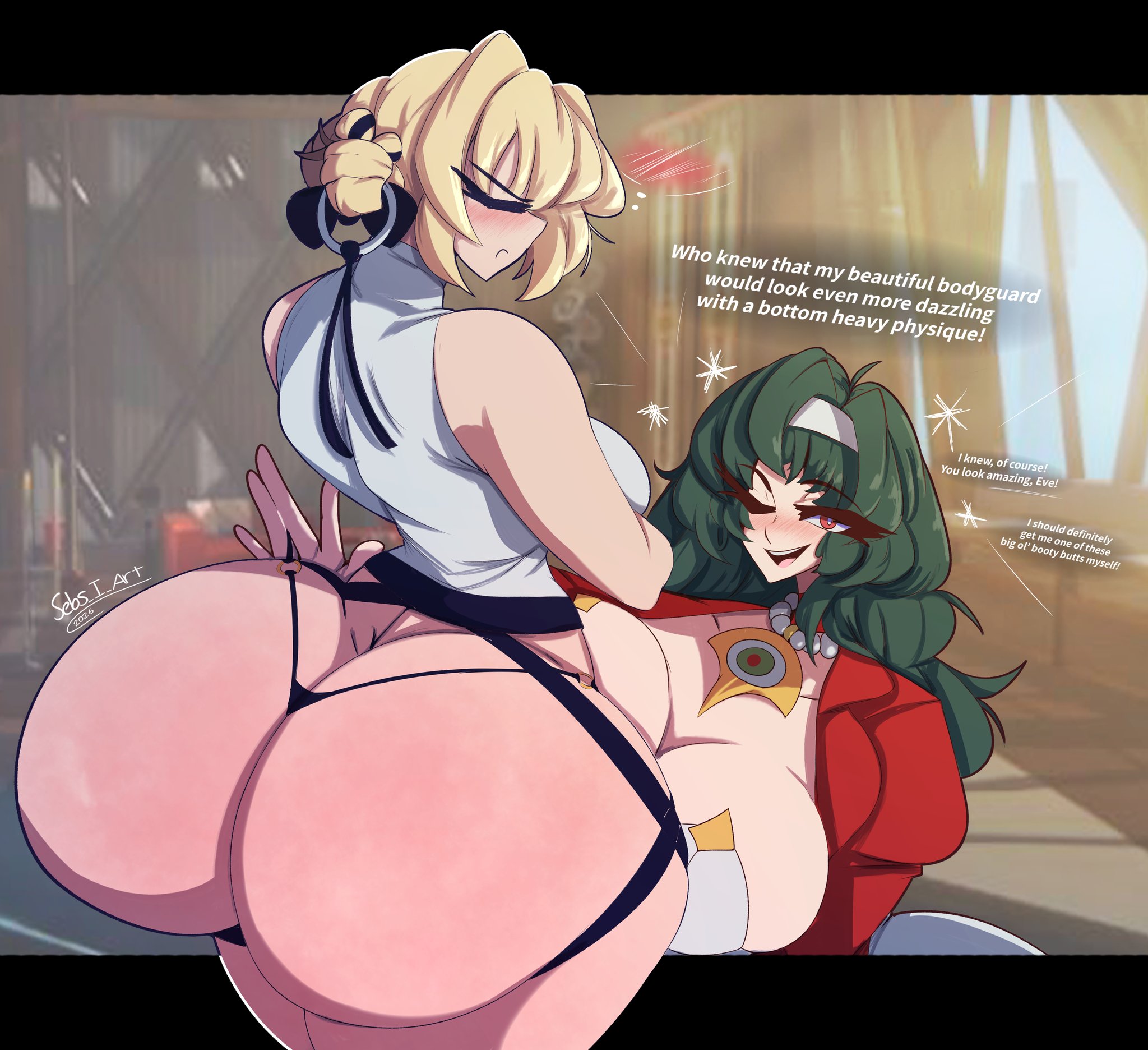 2girls, arms crossed, arms crossed under breasts, ass, ass bigger than head, ass bigger than torso, ass focus, assisted presentation, astra yao, big ass, big breasts, black hair, blonde hair, bottom heavy, breasts, bubble butt, busty, cleavage, dialogue, evelyn chevalier, fat ass, female, female only, gluteal fold, huge ass, huge breasts, hyper, hyper ass, large ass, large breasts, looking at viewer, massive ass, panties, sebs i art, showing off, showing off ass, talking to viewer, text, thick ass, thick thighs, thong, thunder thighs, wide hips, zenless zone zero