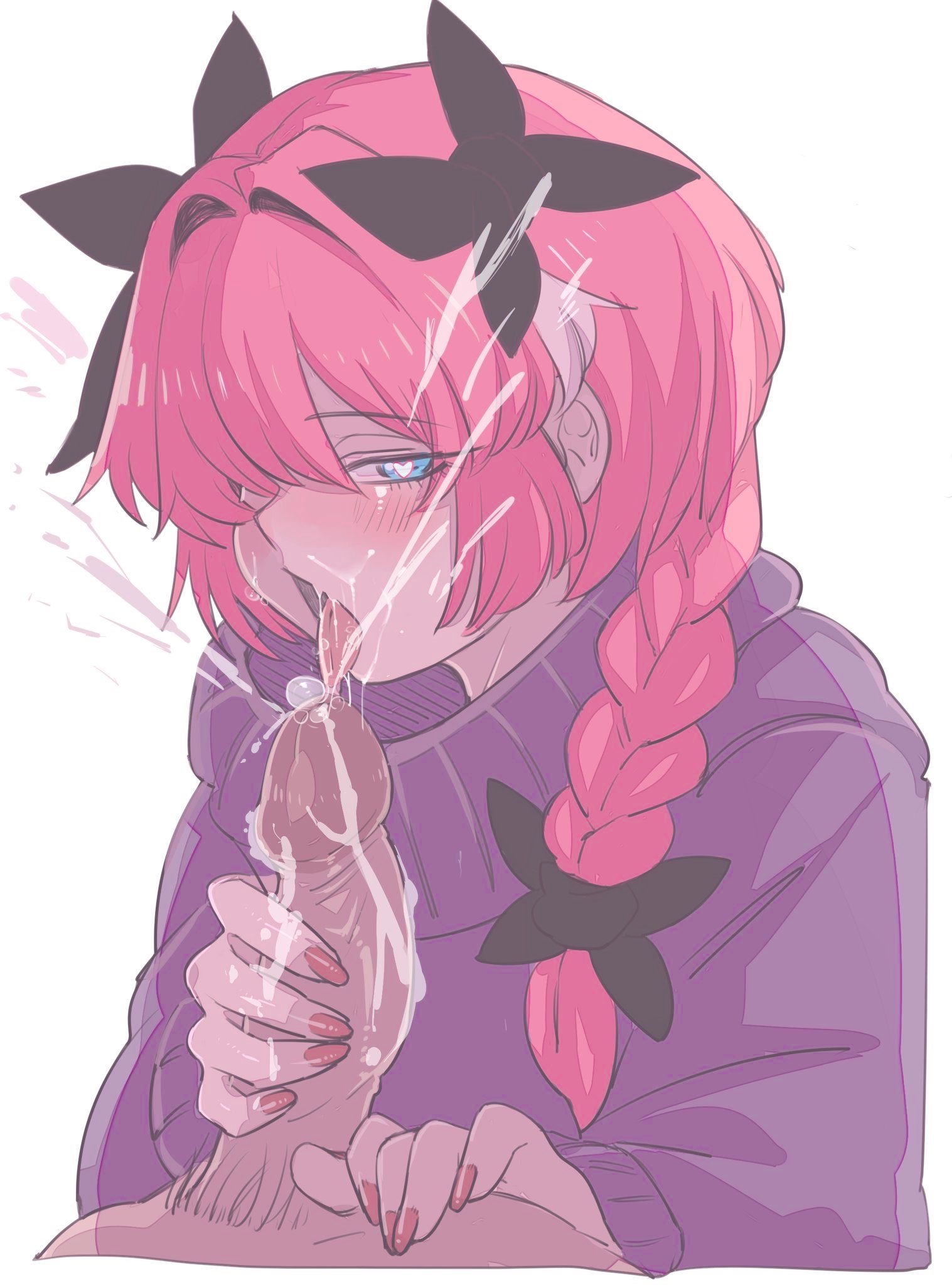 2boys, astolfo (fate), asutorufuo siri, black bow, blue eyes, blush, bow, bow in hair, cum, cum bubble, cum on face, cum on fingers, cum on tongue, cum string, cumshot, fate (series), fellatio, femboy, girly, hair between eyes, hair over one eye, hairbow, heart, heart-shaped pupils, looking at viewer, male, male only, nail polish, one eye covered, penis, penis grab, penis lick, pink hair, pov, red nail polish, red nails, simple background, sweater, turtleneck, white background, yaoi