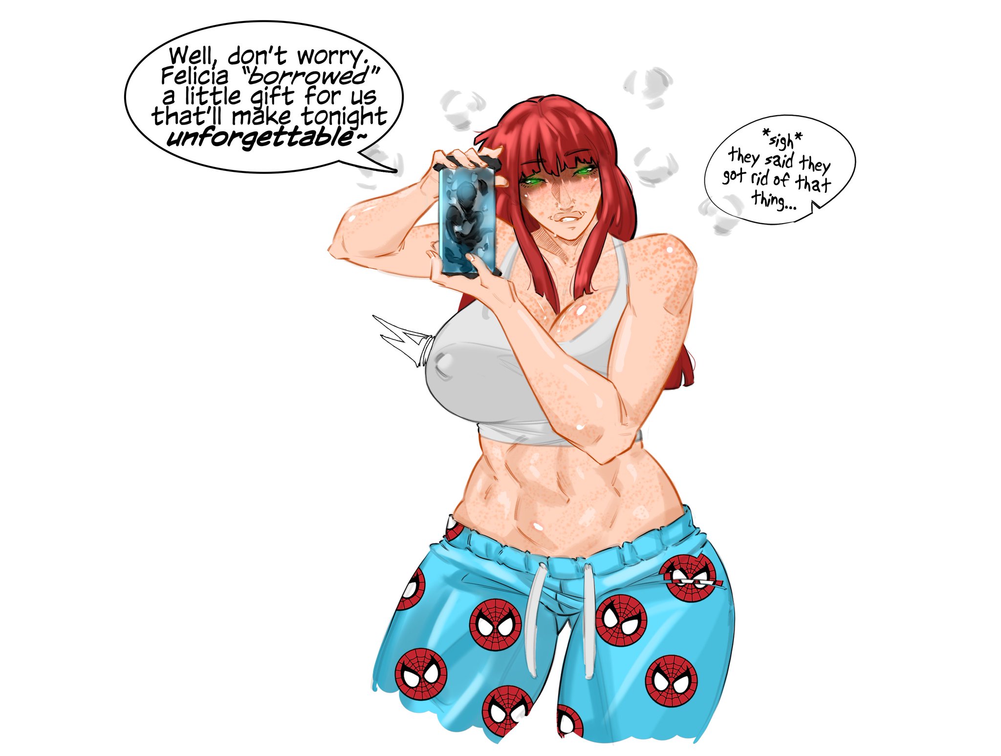 1girl, 1girls, big breasts, biting lip, blush, cleavage, cleavage cutout, freckles, large breasts, lying, marvel, marvel comics, mary jane watson, naughty, naughty face, redhead, shorts, spider-man (series), thick thighs, thighhighs, thighs, tokyoplip, venom (marvel)