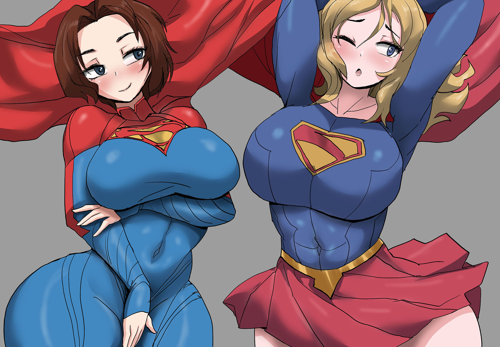 2d, 2d (artwork), 2girls, ass, big breasts, blonde hair, blue bodysuit, blue eyes, bodysuit, breasts, brown hair, cape, covered navel, dc, dc comics, dc extended universe, dcu, dual persona, female, female focus, female kryptonian, female only, huge breasts, kara zor-el, kryptonian, kunanstudio, large breasts, latex, latex bodysuit, latex clothing, latex leotard, latex skinsuit, leotard, long hair, multicolored bodysuit, multiple girls, navel, navel visible through clothes, pleated skirt, red bodysuit, red cape, red skirt, short hair, skinsuit, skirt, supergirl, supergirl (2026), supergirl (dcu), supergirl (sasha calle), superheroine, superman (series), the flash (2023), the flash (series), thick thighs