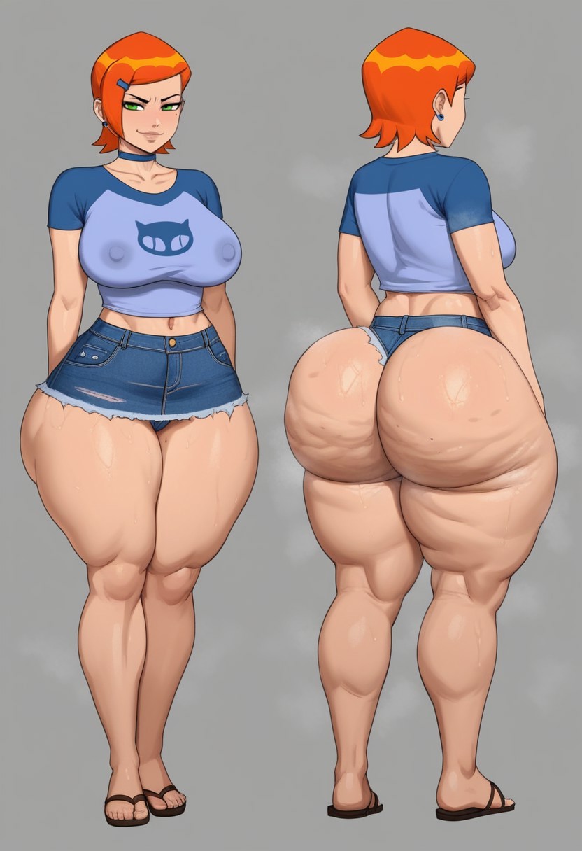 1girls, aged up, ai generated, ass, ben 10, big breasts, bottom heavy, breasts, bubble ass, bubble butt, cellulite, crop top, curvy, denim, denim skirt, fat ass, feet, female, female only, flip flops, green eyes, gwen tennyson, heavy butt, oiled, orange hair, taiga20, thick, thick ass, thighs, voluptuous, voluptuous female