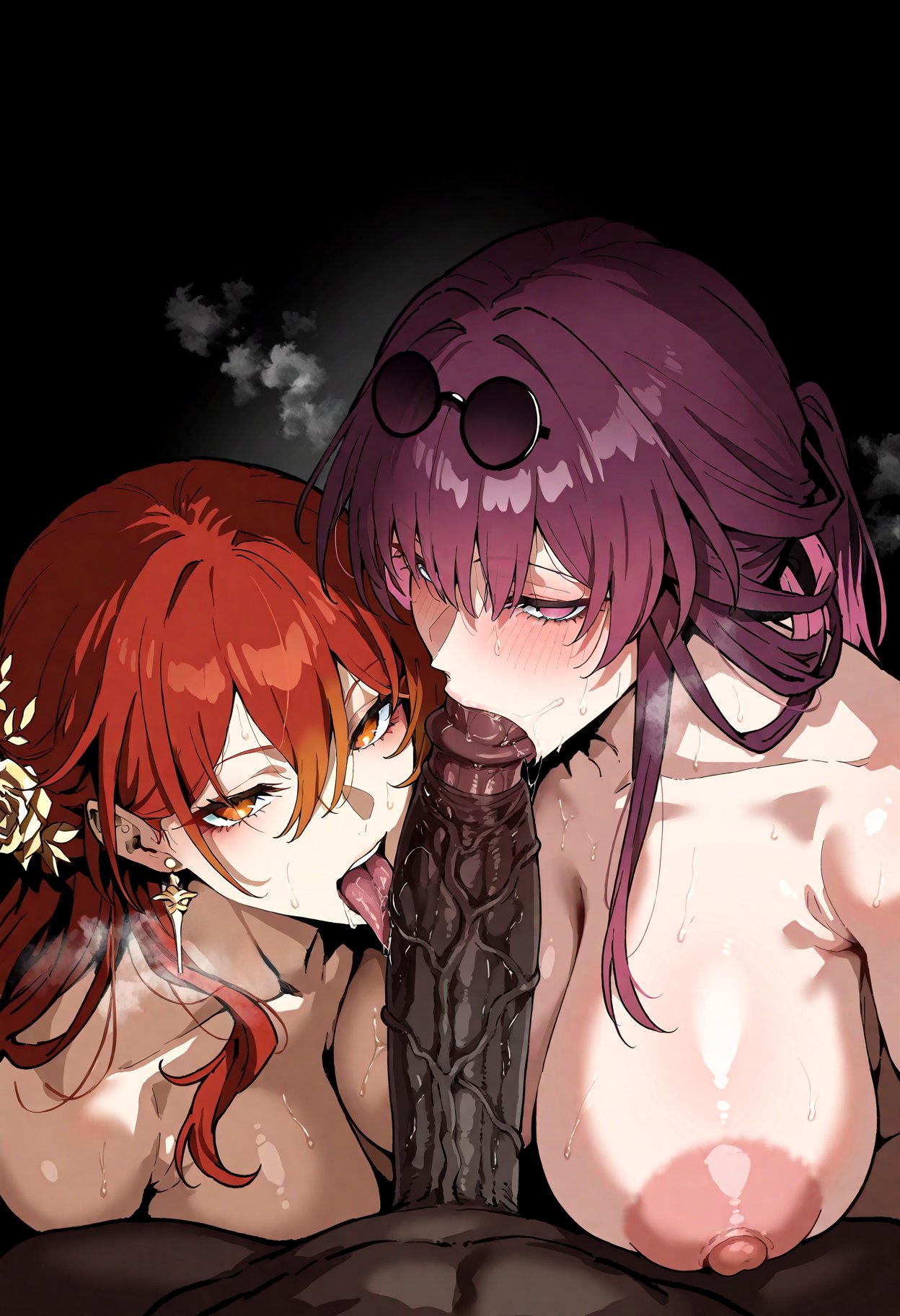 2girls, ai generated, big breasts, big penis, breasts, cock worship, completely nude, cooperative fellatio, cuckold, cuckolding, dark skin, dark-skinned male, erect penis, erection, esuropu, fellatio, ffm threesome, himeko (honkai: star rail), honkai (series), honkai: star rail, huge breasts, huge cock, interracial, kafka (honkai: star rail), licking, licking penis, looking at viewer, naughty face, netorare, ntr, nude, open mouth, oral, oral sex, penis, pov, puffy nipples, purple eyes, purple hair, red hair, saliva, steam, sweat, tongue, tongue out, upper body, veiny penis, yellow eyes
