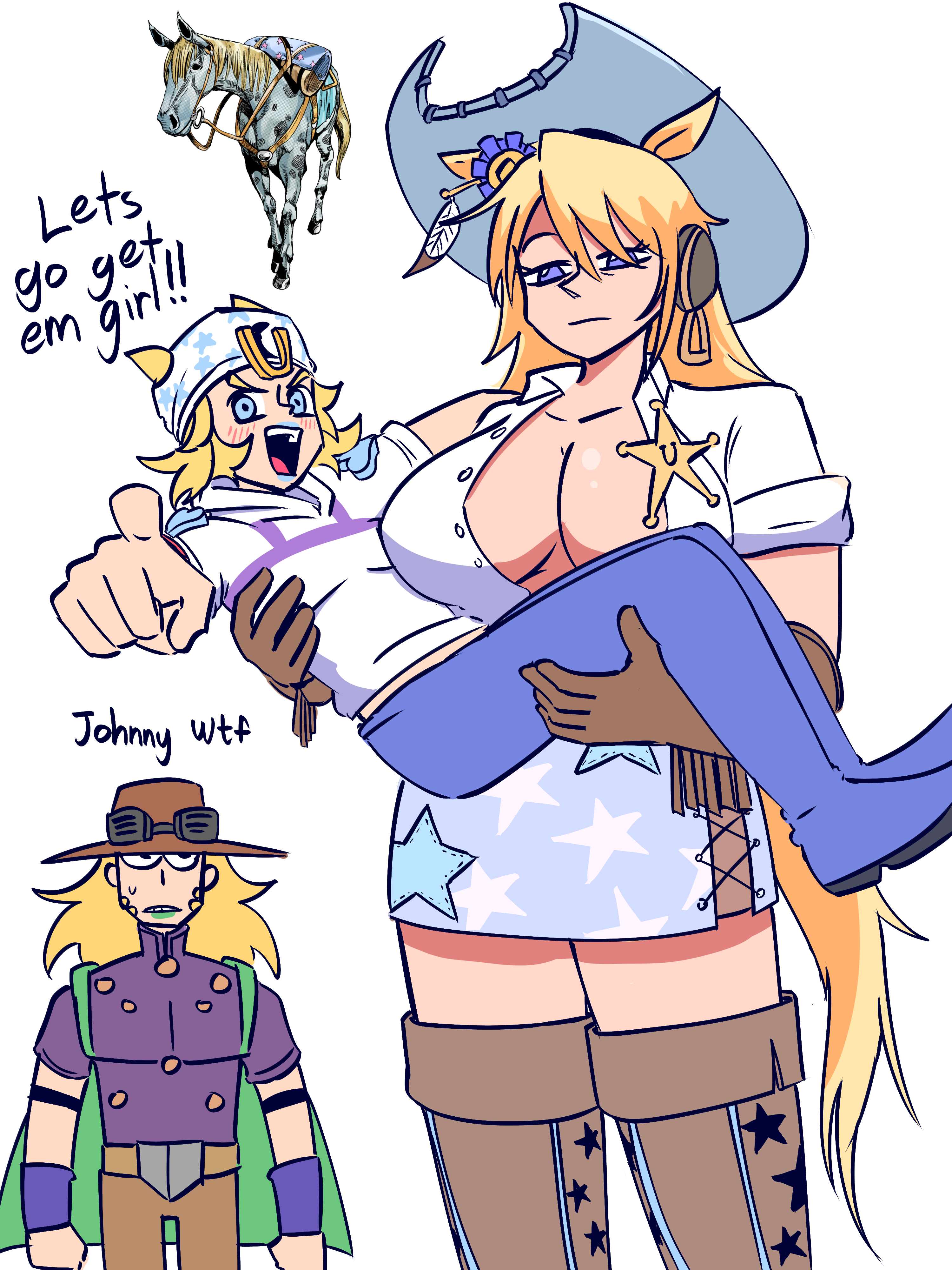 1girls, 2boys, big breasts, bigger female, blond male, blonde female, blonde hair, blonde male, blonde-haired female, breasts, clothed, clothed female, clothed male, crossover, female, gyro zeppeli, height difference, horse girl, horsegirl, human, human male, johnny joestar, jojo no kimyou na bouken, jojo's bizarre adventure, larger female, male, princess carry, revannman, shorter male, size difference, slow dancer (jjba), smaller male, steel ball run, umamusume, umamusume pretty derby